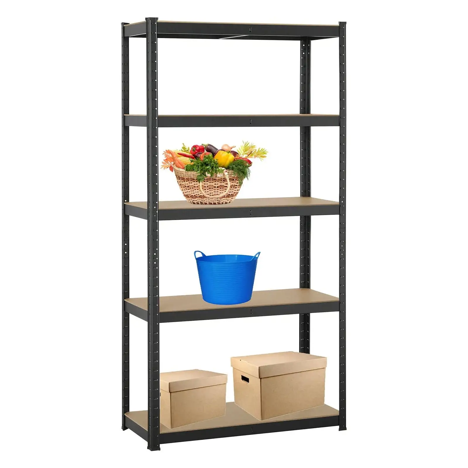 77 5-Tier Storage Shelving Unit Metal Steel Frame Anti-Slip Feet MDF Board. Garage Workshop Warehouse Display Storage Shelving Units Rack. Adjustable Height Utility Shelves (Black)