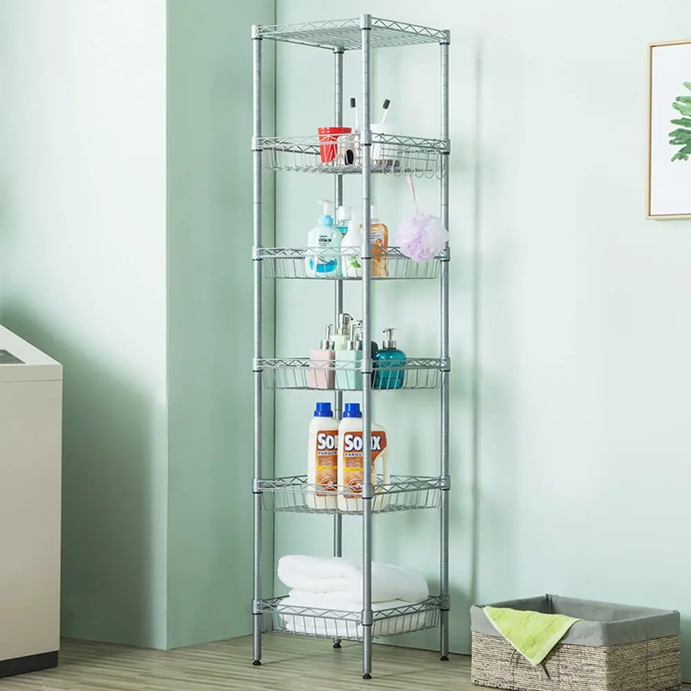 Hassch 6-Tiers Metal Storage Shelf Display Rack for Home Kitchen Living Room Bathroom. Silver Gray