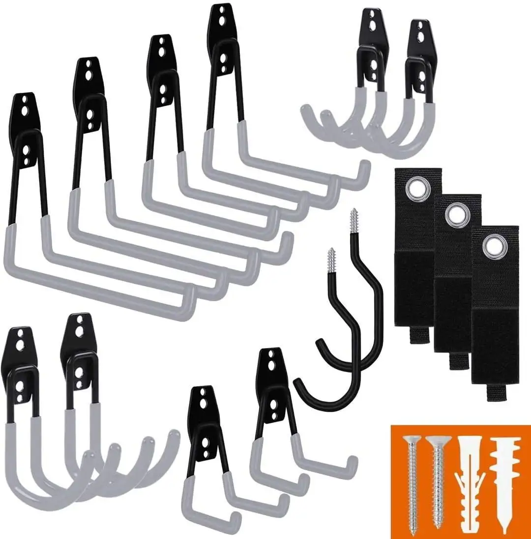 SMARTOLOGY Garage Hooks with Bike Hook & Extension Cord Organizer. 15 Pack Set Steel Multi-Tool Hanger. Heavy Duty Utility Storage Holder for Home & Warehouse Lawn Garden Tool Organizer