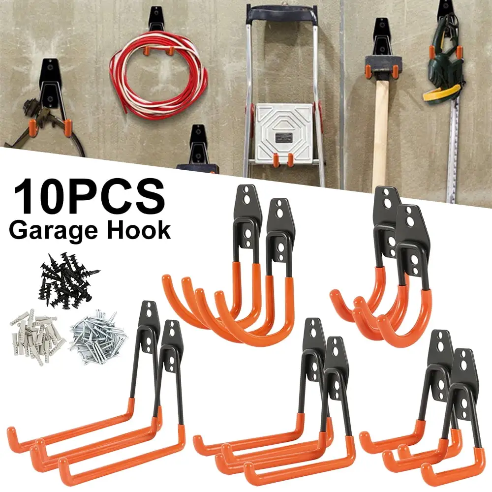 Pluokvzr 10pcs Iron Garage Hook Set Heavy Duty Garage Storage Hooks for Organizing Power Tools Shovel Ladders Bike and Bulk Items