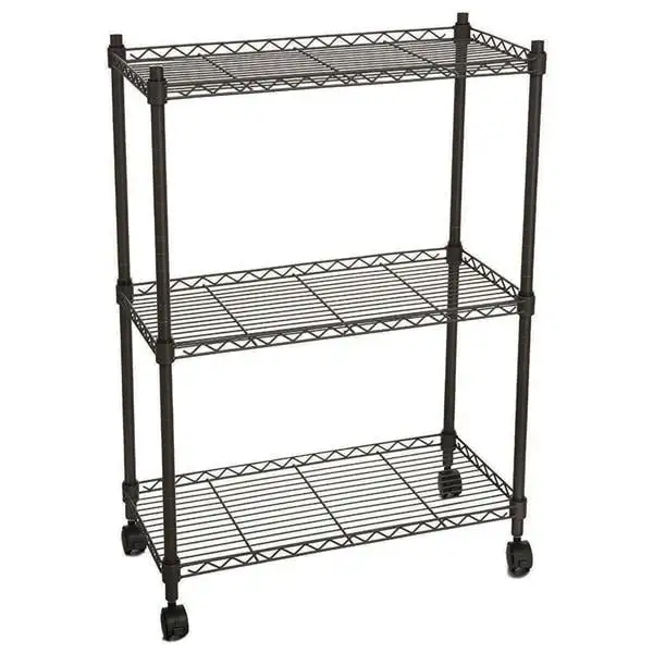 3-Layer Plastic Coated Iron Shelf with 1.5 Plastic Wheels 350*600*850 Black