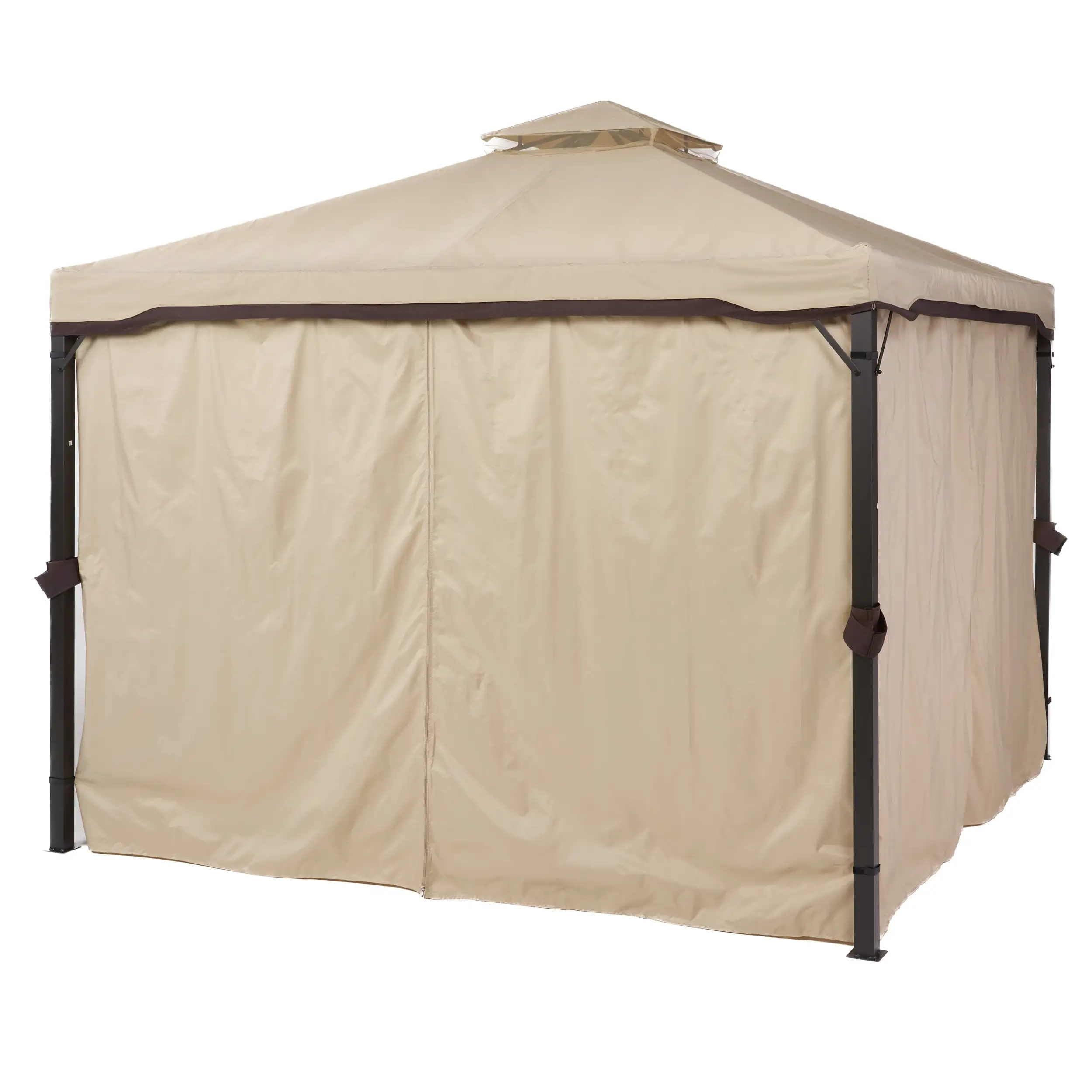 GDF Studio Seigfried Outdoor 10' x 10' Steel Soft Top Canopy Gazebo with Curtains. Beige and Brown