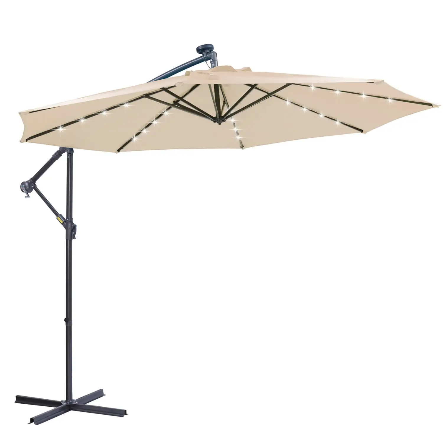 10 FT Solar LED Cantilever Offset Outdoor Patio Umbrella with Easy Open Adjustment and 32 LED Lights - Tan Stylish Durable Weather-Resistant Perfect for Outdoor Entertaining and Relax