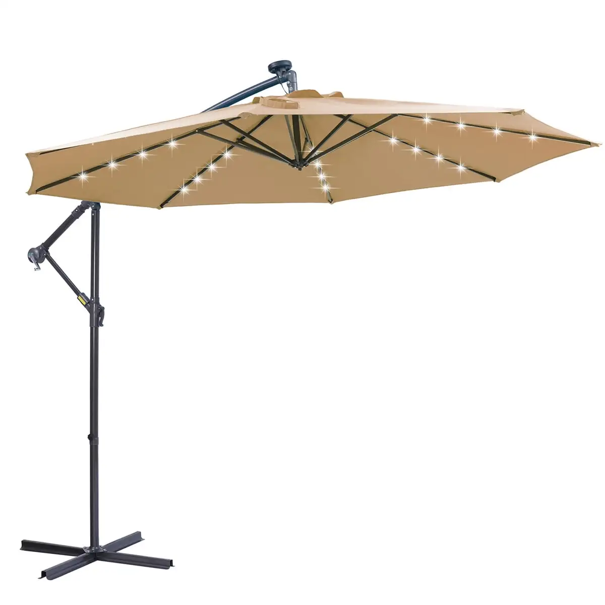 10 FT Solar LED Patio Outdoor Umbrella. Hanging Cantilever Umbrella with 8 Steel Ribs & 180G Polyester Canopy. Offset Umbrella with Convenient Crank System & 32 LED Lights. Light Taupe