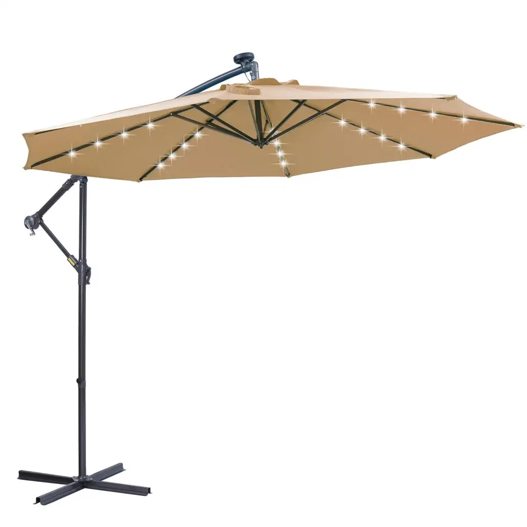 10 FT Solar LED Patio Outdoor Umbrella. Hanging Cantilever Umbrella. Offset Umbrella with 32 LED Lights. Easy Open. Taupe