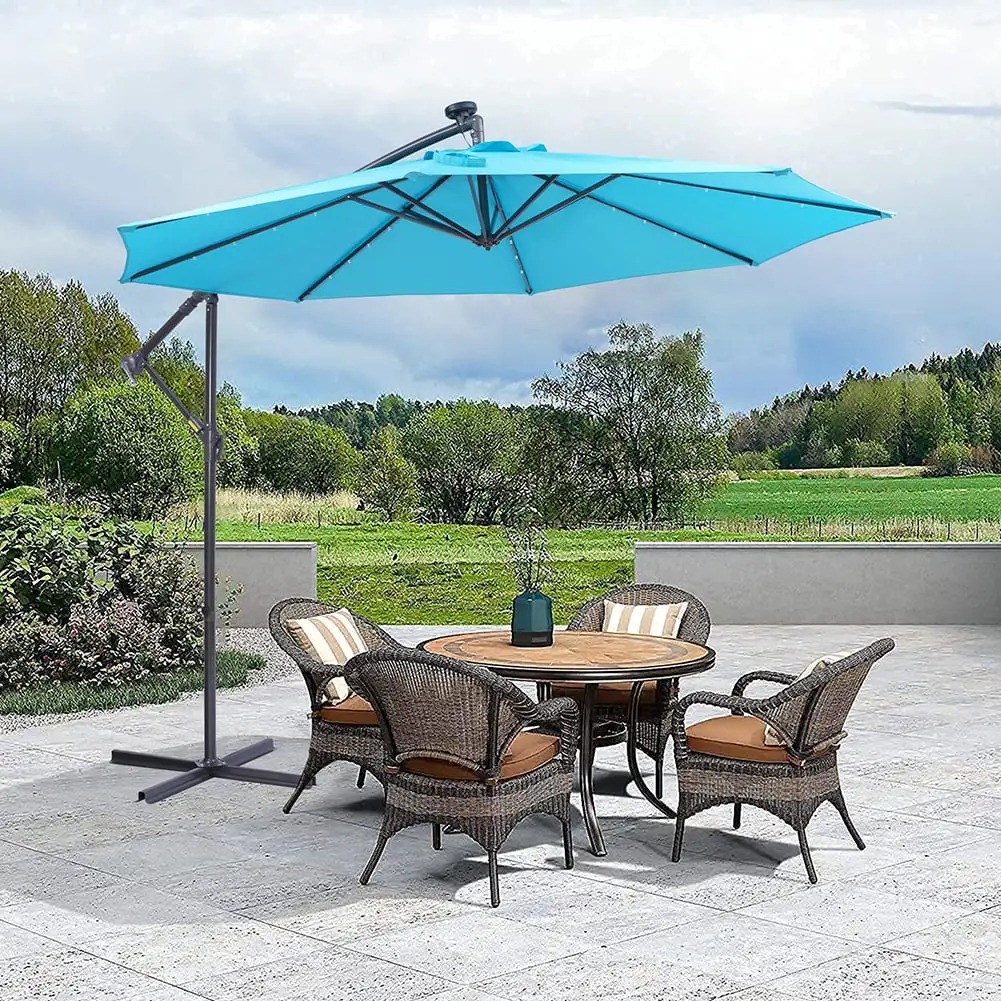 10 FT Solar Patio Umbrella with 32 LED Lights.Air Vent.Crank. Cross Base.Backyard Offset Umbrella Hanging Patio Umbrella for Backyard.Garden.Lawn