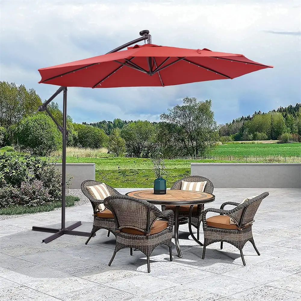 10 FT Solar Umbrellas with 32 LED Lights. Patio Outdoor Umbrella with Hand Crank System and Air Vent. Hanging Cantilever Umbrella Offset Umbrella with X-shaped Base for Garden Backyard Pool. Red