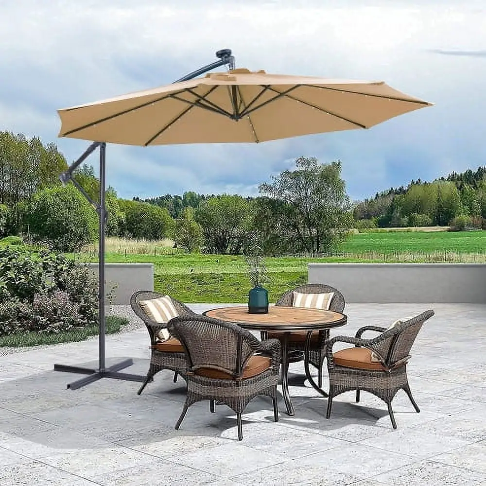 10 Ft Patio Umbrella. Outdoor Sunbathing Umbrella with with 32 LED Lights. Hanging Cantilever Umbrella and Solar LED Lights. Offset Umbrella Easy Open Adjustment for Yard Beach Pool. Taupe