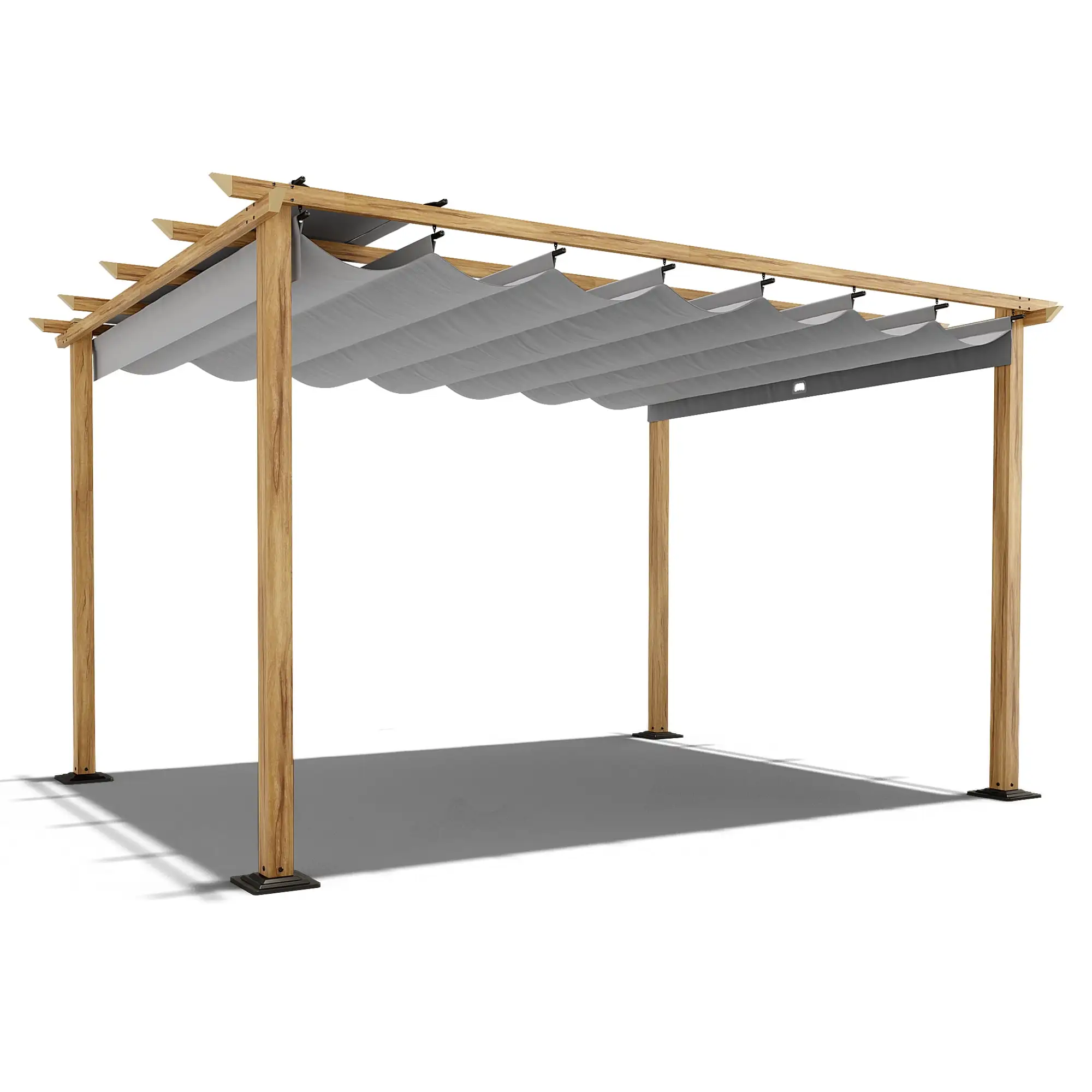 10 ft. x 13 ft. Wood Grain Aluminum Outdoor Pergola with Gray Retractable Shade Canopy