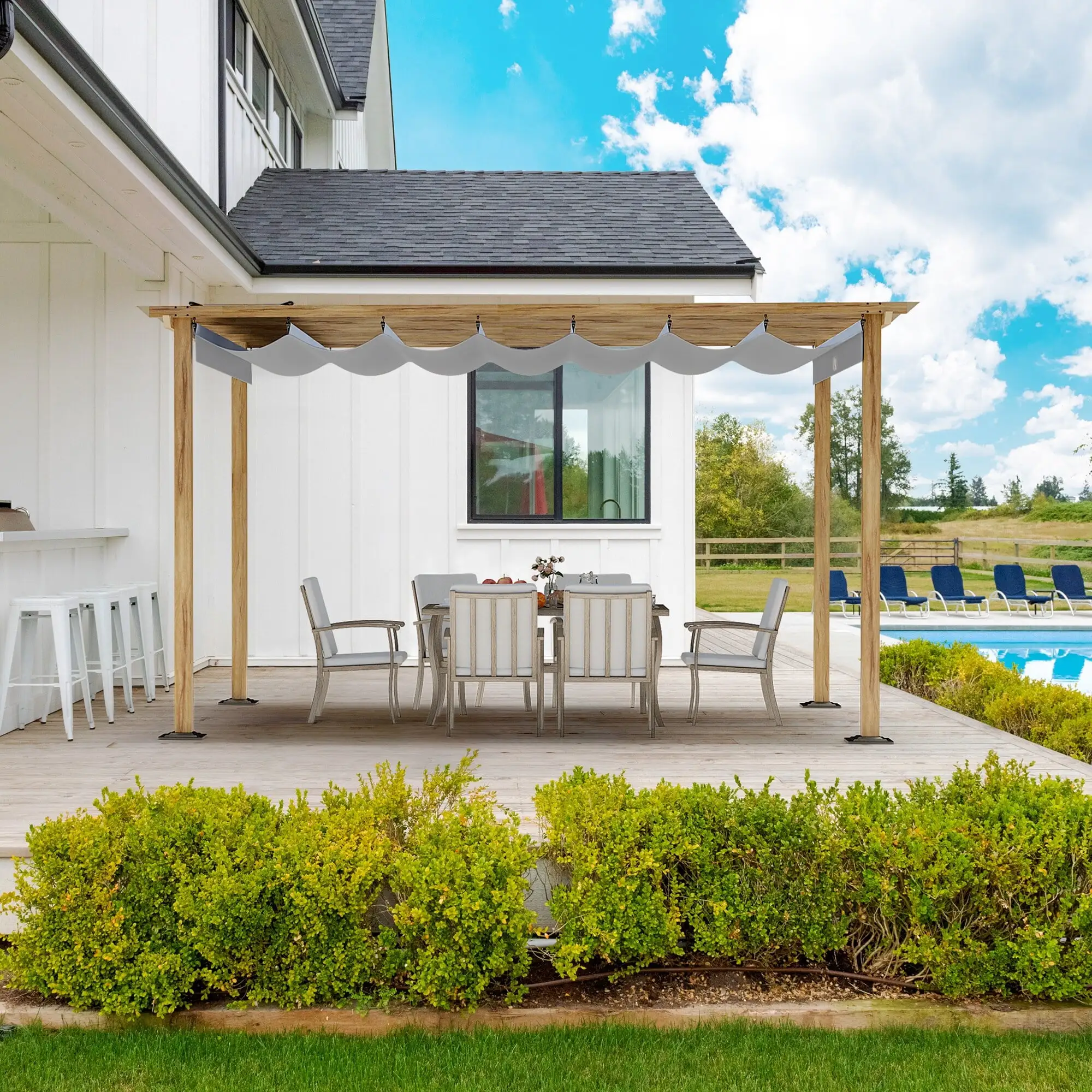 10 ft. x 13 ft. Wood Grain Aluminum Outdoor Pergola with Retractable Shade Canopy Grey