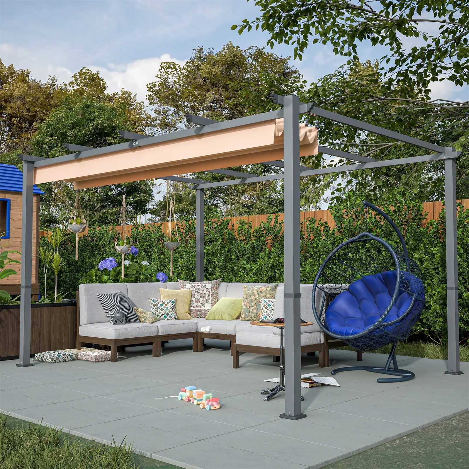 10' x 10' Aluminum Patio Pergola.Backyard Shade Shelter with Retractable Pergola Canopy. Metal Pergolas and Gazebos for Porch. Outdoor Party. Garden