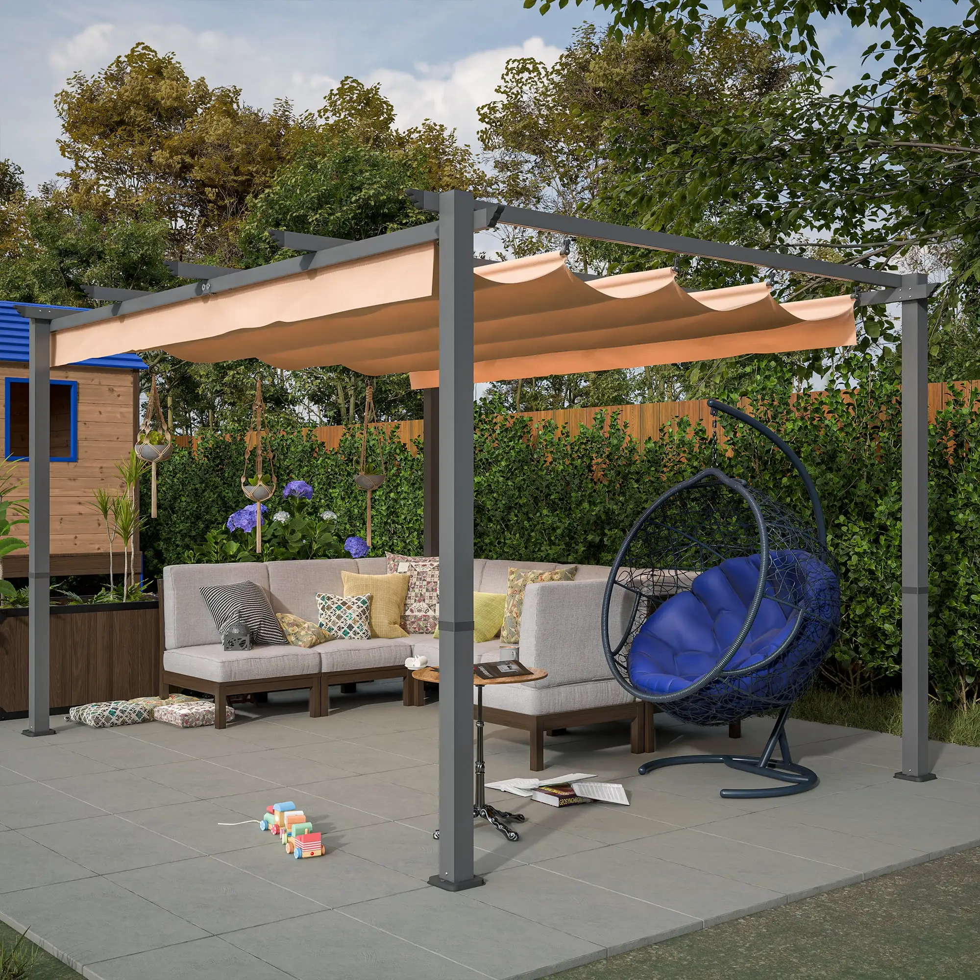 10' x 10' Aluminum Patio Pergola with Retractable Pergola Canopy. Backyard Shade Shelter for Porch. Outdoor Party. Garden. Grill Gazebo. Khaki