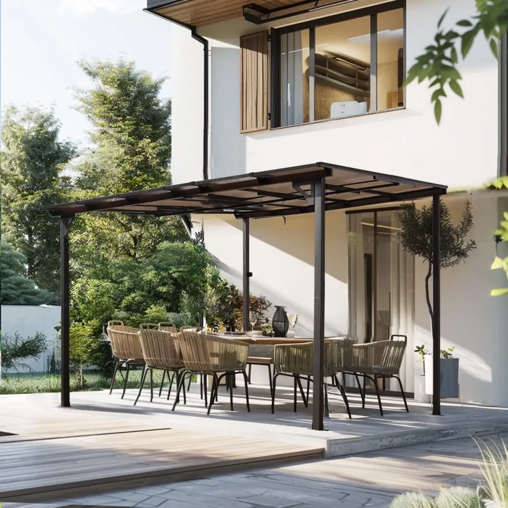 10' x 10' Outdoor Patio Pergola .Wall-Mounted Outdoor Pergola With Roof. Outdoor Metal Awning Gazebo Pergola For Gardens.Terraces.Backyard.Grey