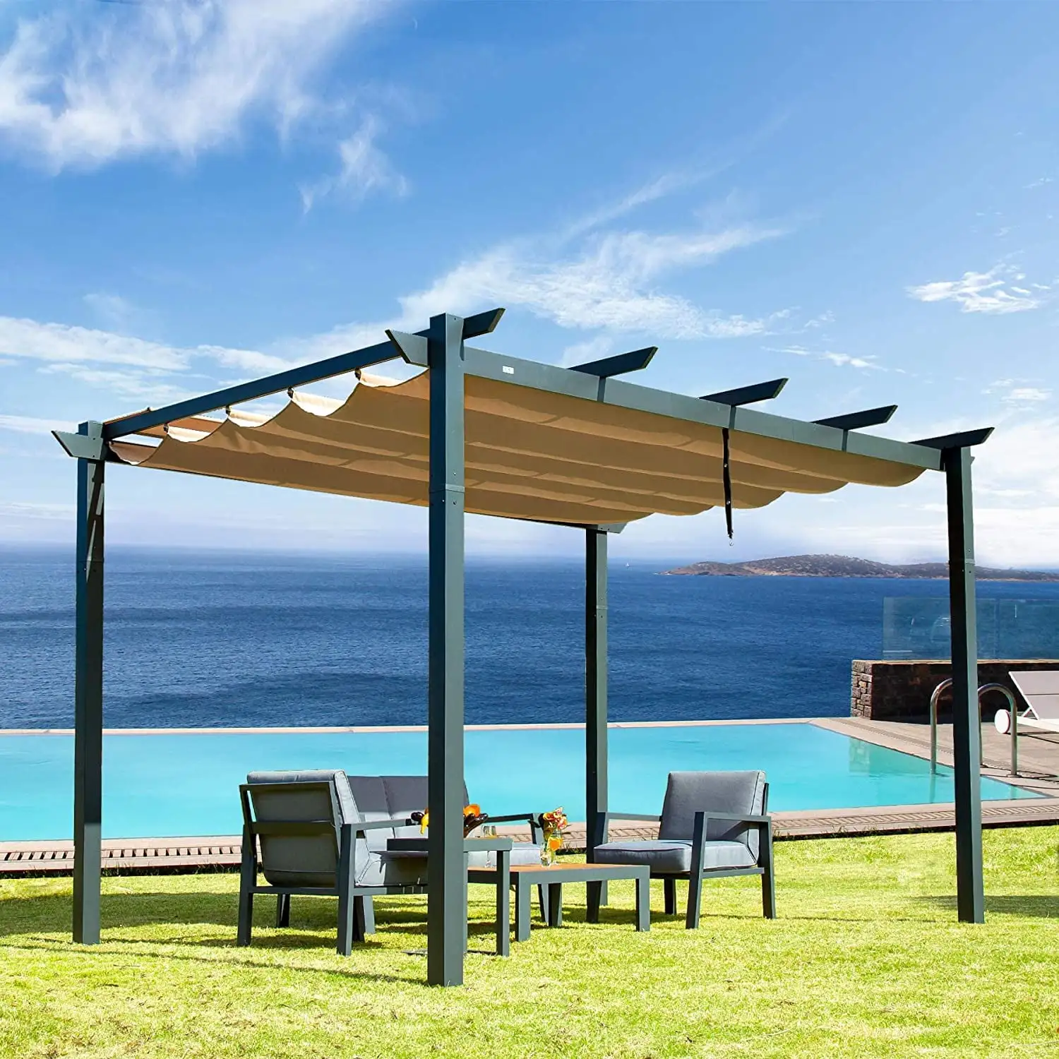 10' x 10' Outdoor Retractable Pergola with Weather-Resistant Canopy Aluminum for Garden. Porch. Gazebo. Grape Trellis Pergol