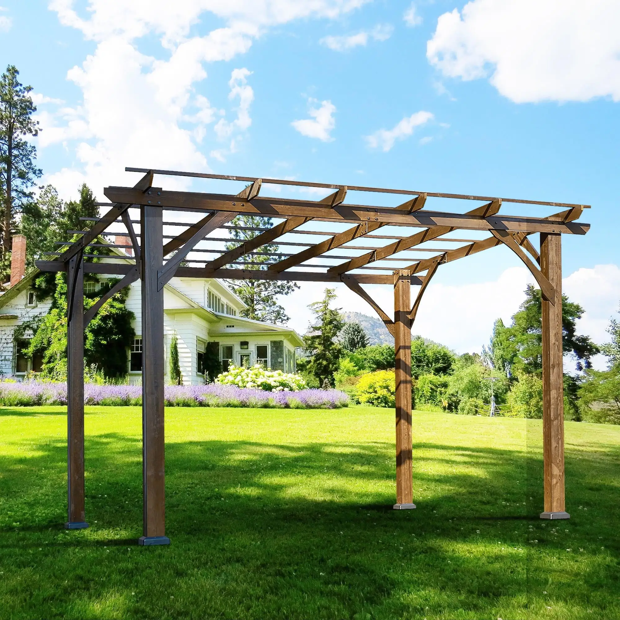 10' x 12' Patio Pergola. Weather-Resistant Cedar Wood Pergola with Ground Stakes. Wood Grape Gazebo for Climbing Plant Support. Garden. Patio. Backyard. Deck. Brown