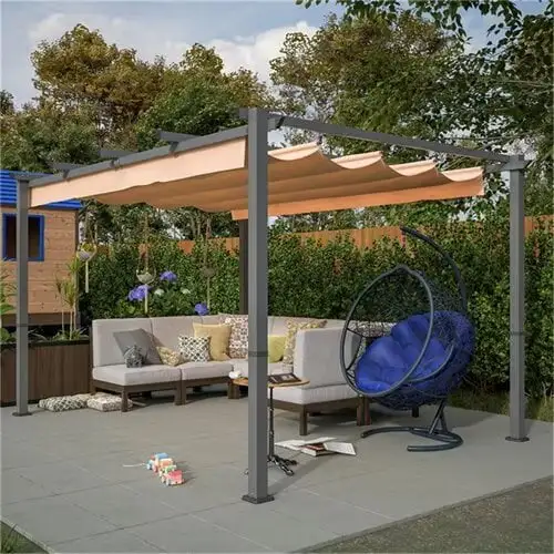 10' x 13' Aluminum Patio Pergola with Retractable Pergola Canopy. Backyard Shade Shelter Outdoor Grill Gazebo for Porch. Outdoor Party. Garden. Khaki