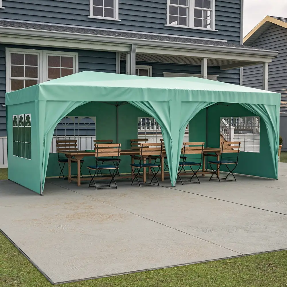 10'x20' Outdoor Green Pop Up Canopy Portable Carport Garage with 6 Removable Sidewalls& Carry Bag