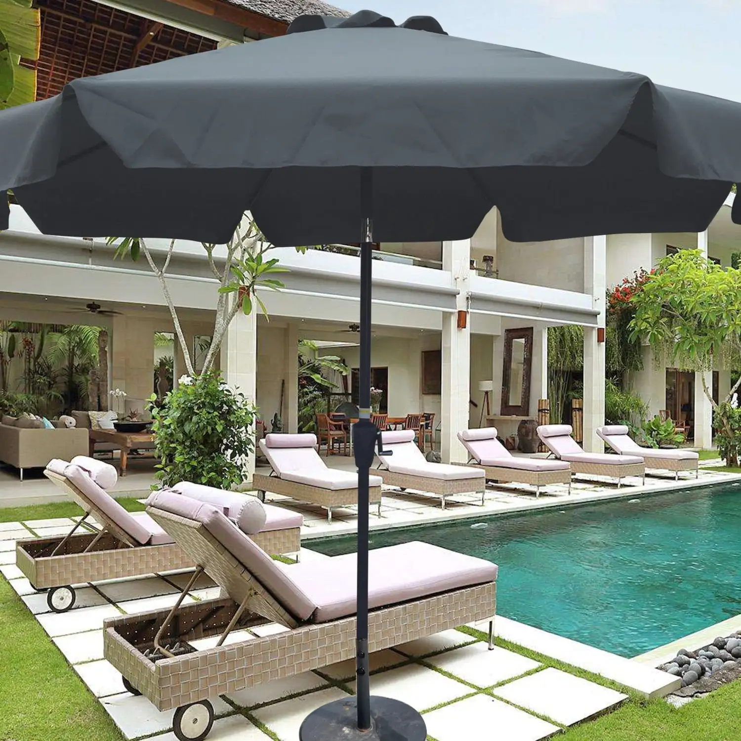 10FT Gray Outdoor Patio Umbrella with Flap Tilt Crank and 8 Ribs - Anthracite Color 38mm Pole Diameter (1.49inch) - Base Not Included