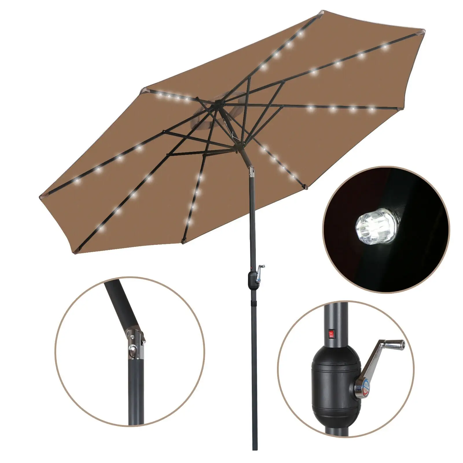 10FT Patio Solar Umbrella LED Patio Market Steel Tilt W/ Crank Outdoor Sun Shade