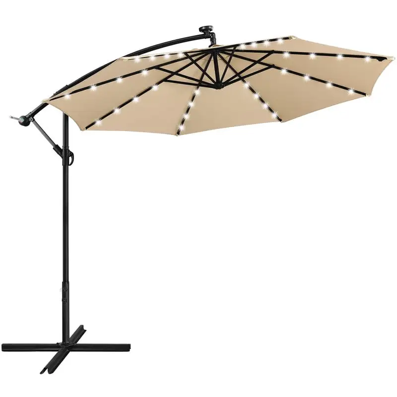 10FT Solar Offset Umbrella with 32 LED Lights Cantilever Hanging Outdoor Umbrellas Handy Crank & Cross Base for Lawn/Deck/Backyard/Pool Tan