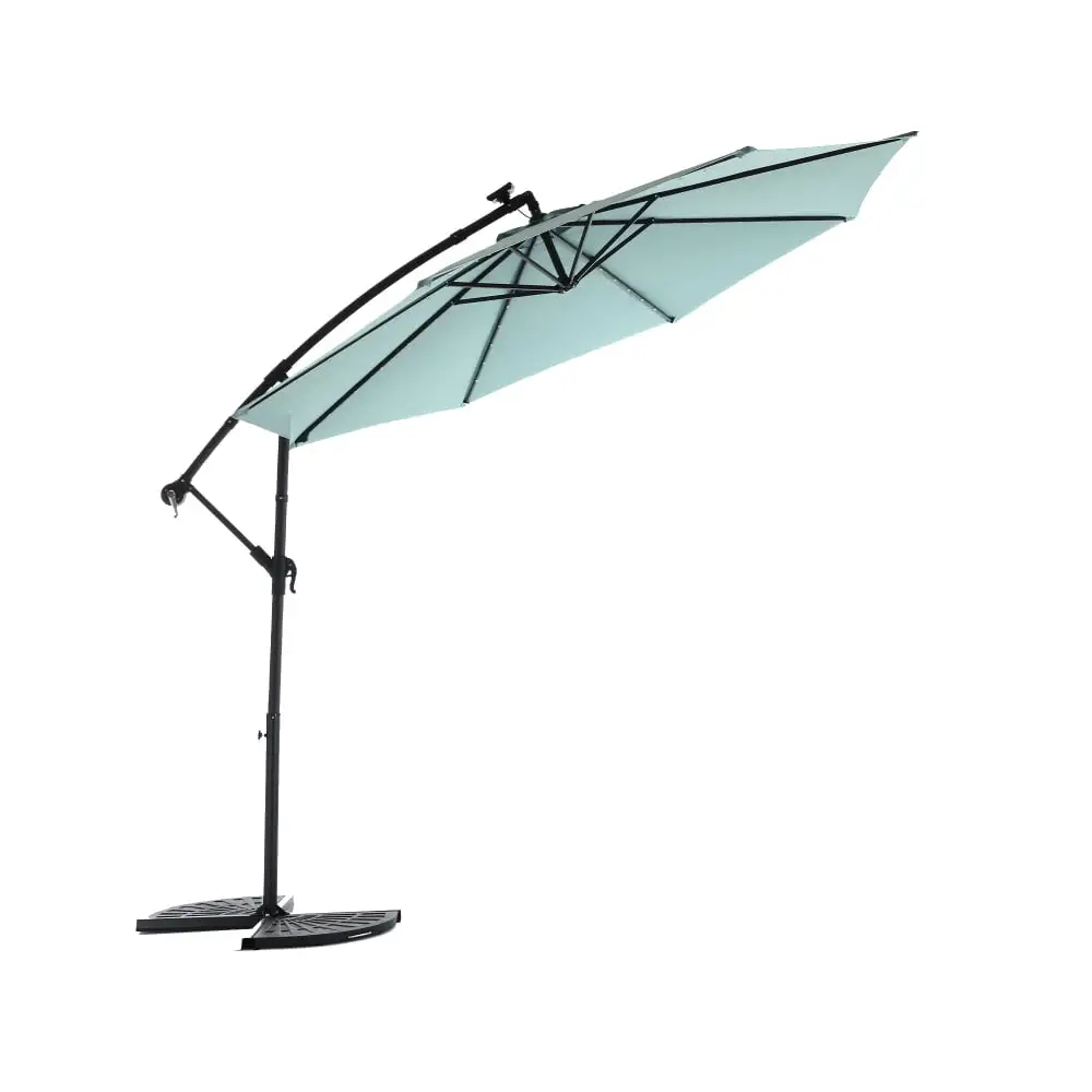 10Ft Solar Offset Umbrella with 40 Built-in LED Lights. Air Vent. Removable Crank Handle. Cross Base Outdoor Market Hanging Umbrella