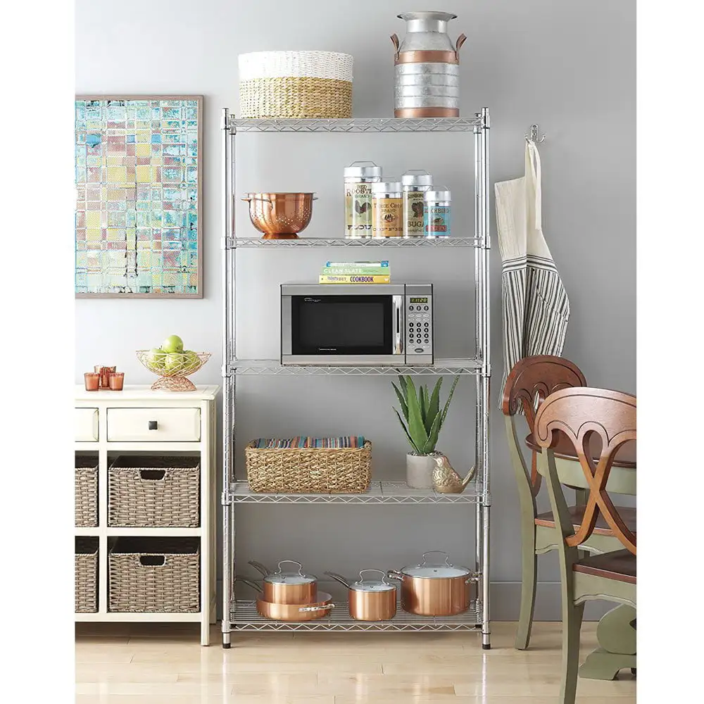 5-Tier Storage Shelves Wire Rack Heavy Duty Metal Organizer with Lockable Wheels Adjustable Rolling Shelves for Kitchen Bathroom