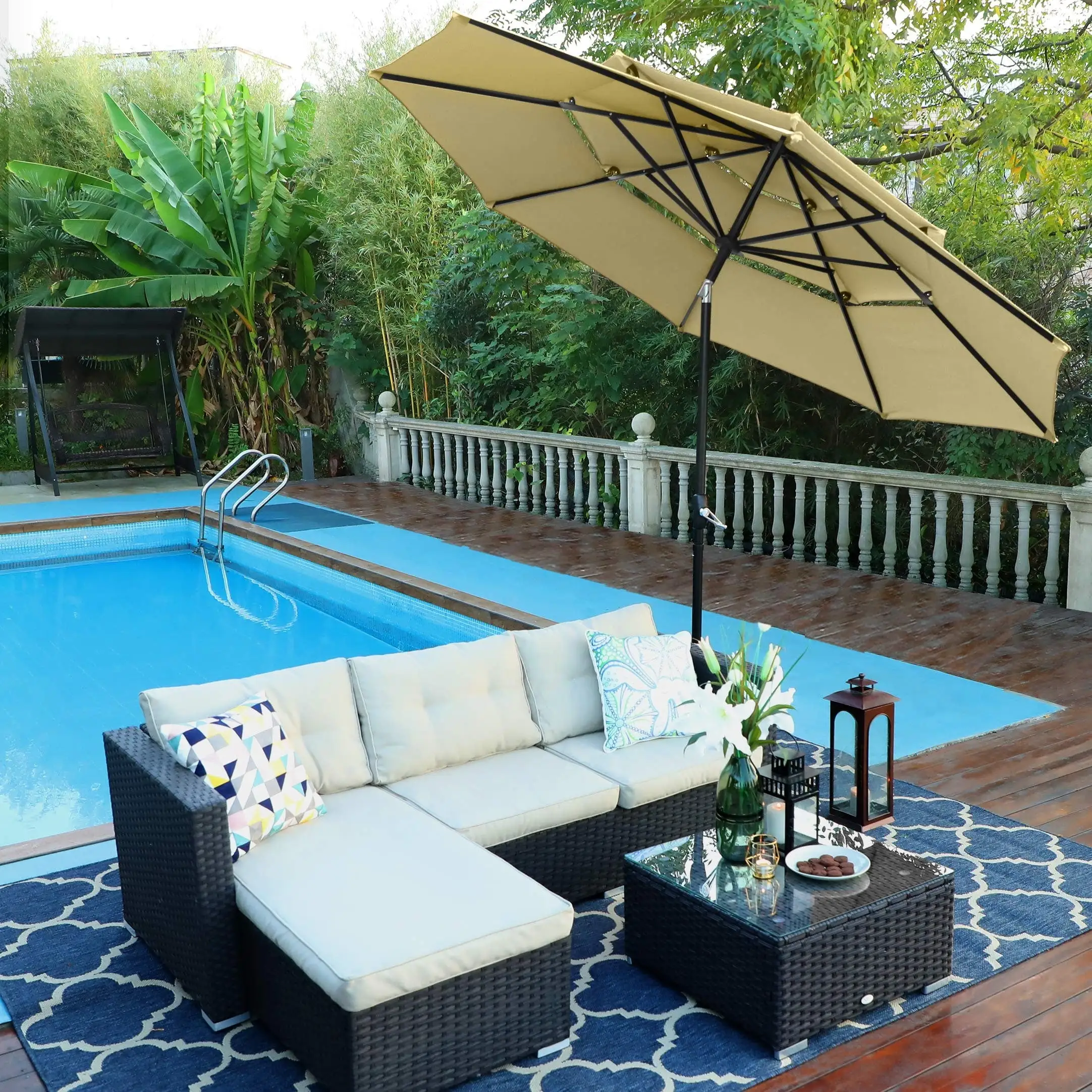 10ft 3 Tiers Patio Outdoor Umbrella Matched with most Patio Table with Ventilation Auto-tilt and Crank Lift Beige