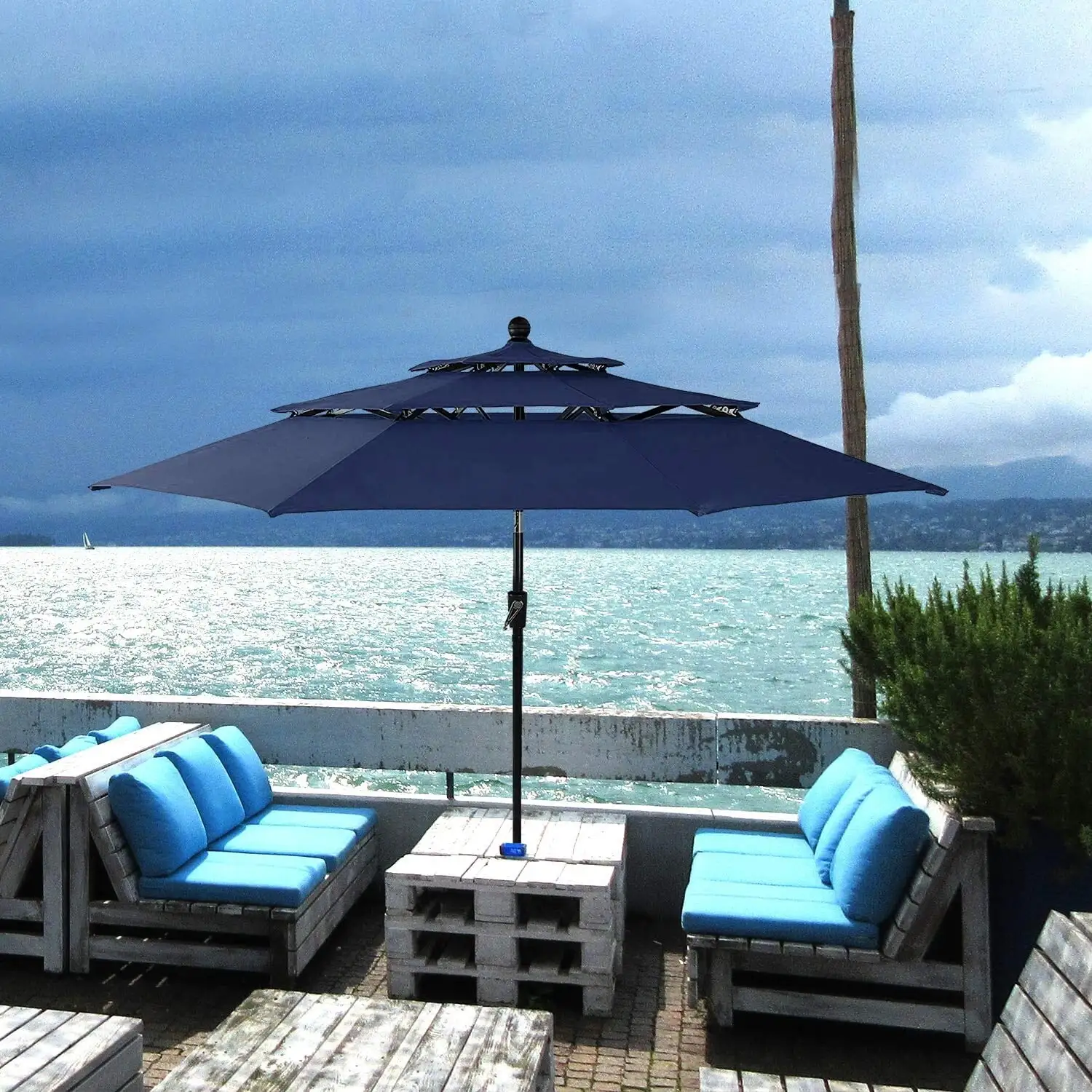 10ft 3 Tiers Vented Patio Outdoor Umbrella with Auto-tilt and Crank Lift Blue