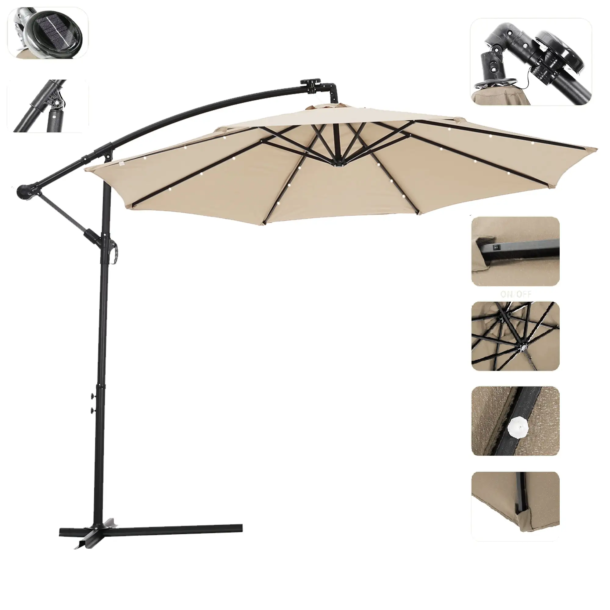 10ft Cantilever Umbrella with 24 Solar LED Lights. Outdoor Patio Offset Hanging Umbrella. Aluminum Market Umbrella with Cross Base& Crank Lift. 8 Iron Ribs. Easy Tilt Adjustment. B1695