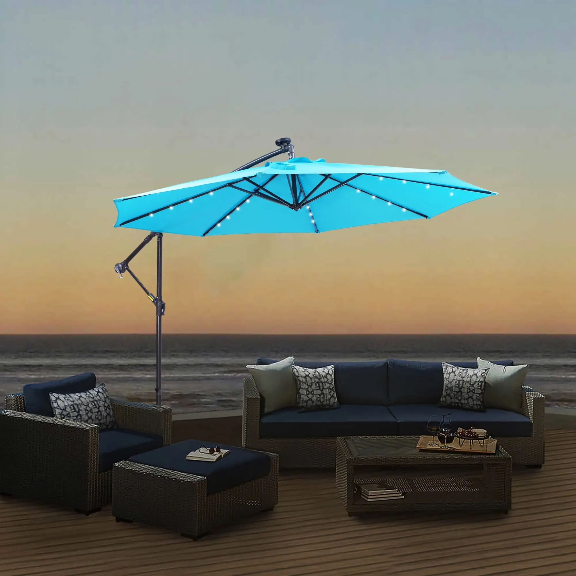 10ft Hanging Umbrella. Outdoor Offset Market Umbrella w/ Crank System. Solar Panel. 24 LED Lights & 8 Sturdy Ribs. Patio Cantilever UV Resistant Umbrella. for Garden. Poolside. Lawn. Beach. Blue. D858