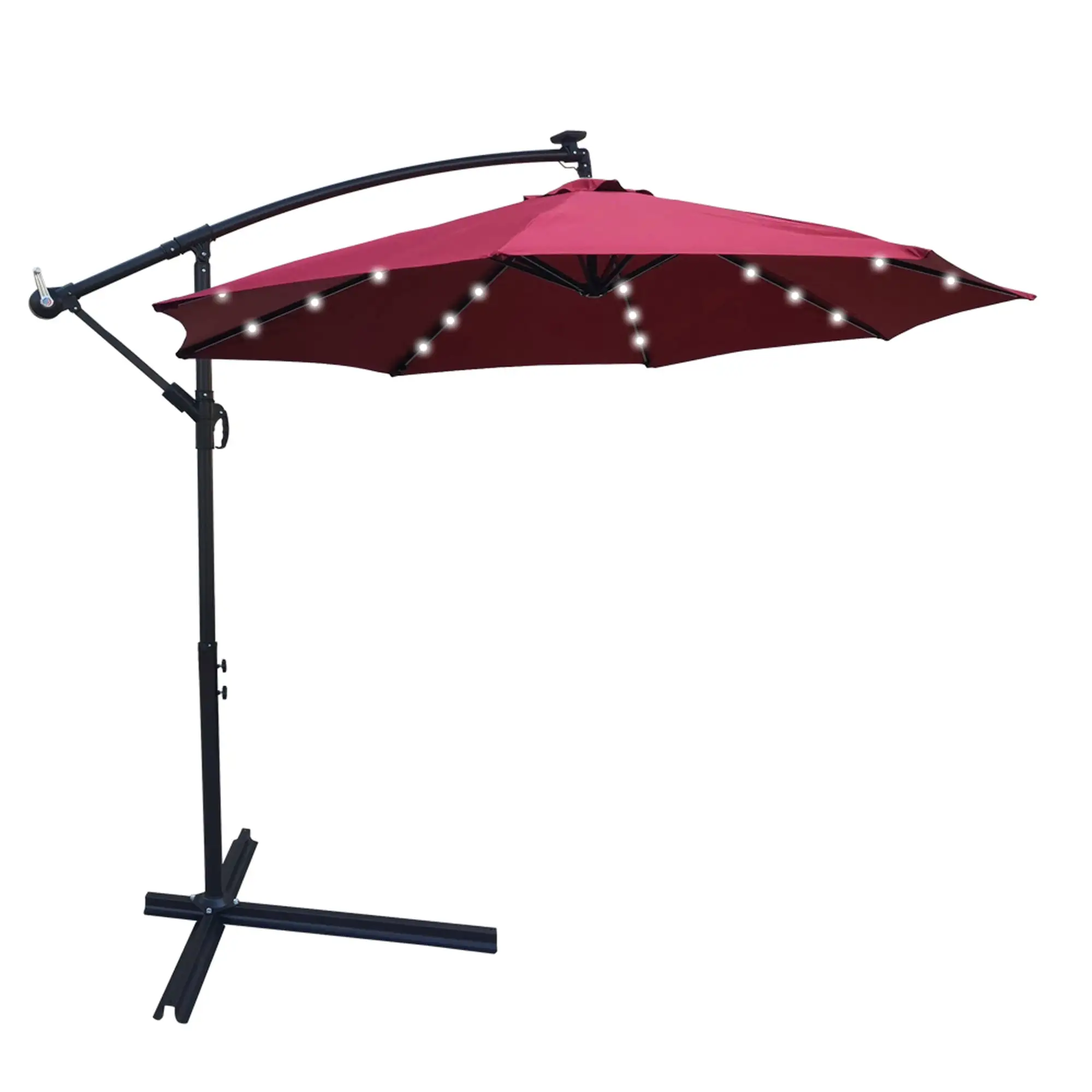 10ft Large Outdoor UV Protection Umbrella. Patio Offset Hanging Umbrella with Solar Panel. 24 LED Bulbs. Cross & Crank Base. LED Lighted Patio Umbrella for Yard Garden Poolside Deck. Burgundy. D102