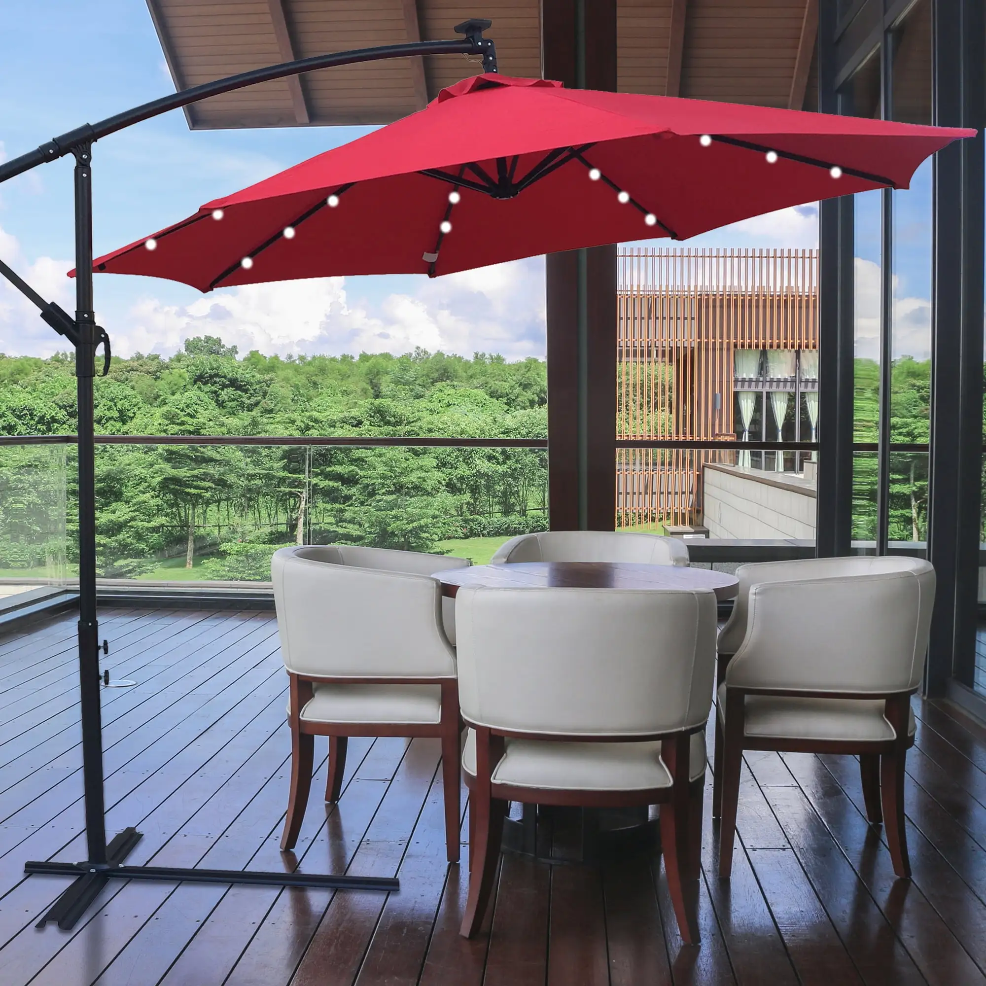 10ft Large Outdoor UV Protection Umbrella. SYNGAR Patio Offset Hanging Umbrella with Solar Panel. 24 LED Bulbs. Cross & Crank Base. LED Lighted Patio Umbrella for Yard Patio Poolside Deck. Red. D096