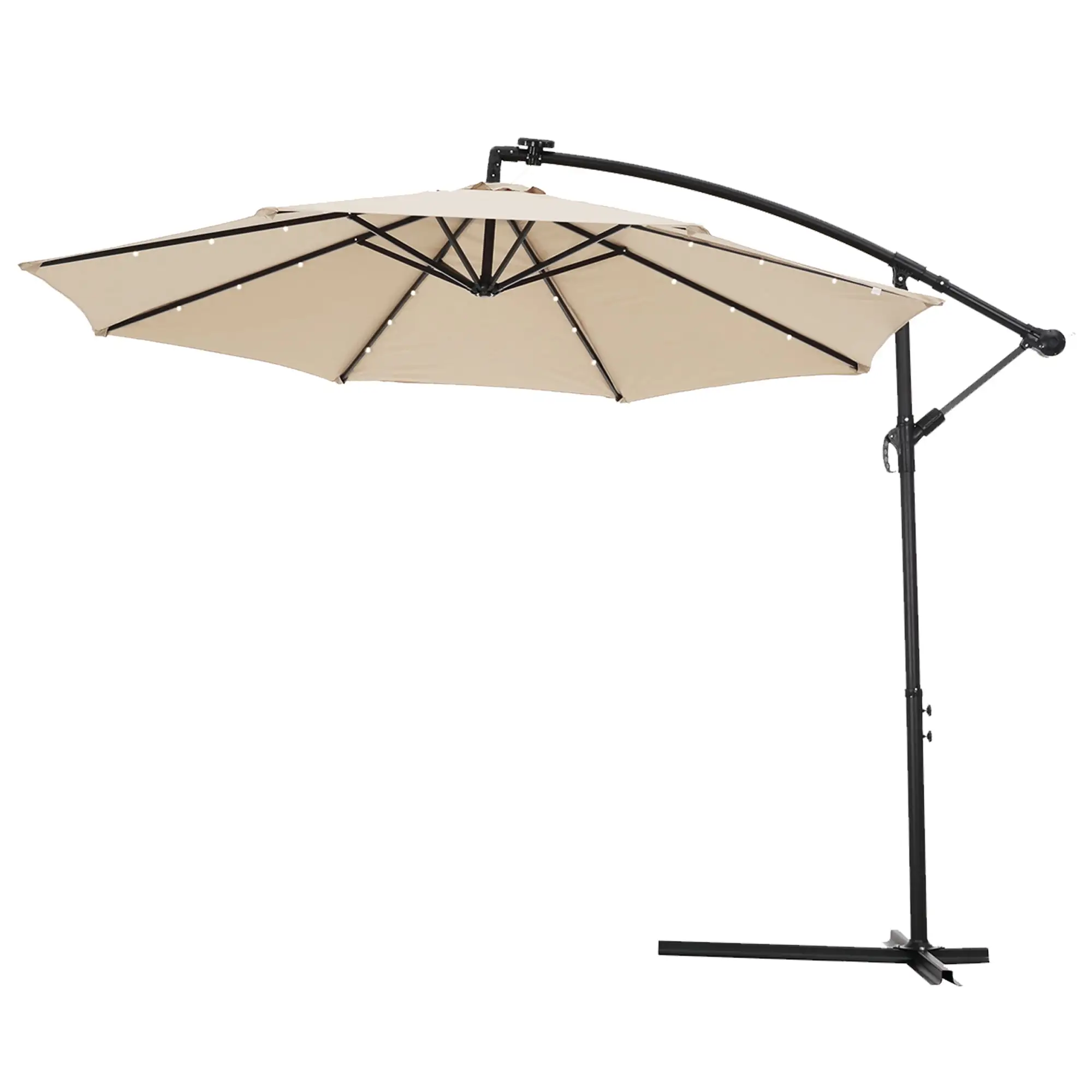 10ft Outdoor Offset Hanging Umbrella. Patio Cantilever Market Umbrella with Solar Panel. Crank System. 24 LED Lights & 8 Steel Ribs. UV Resistant Outdoor Umbrella for Backyard. Garden. Pool. Tan. D817