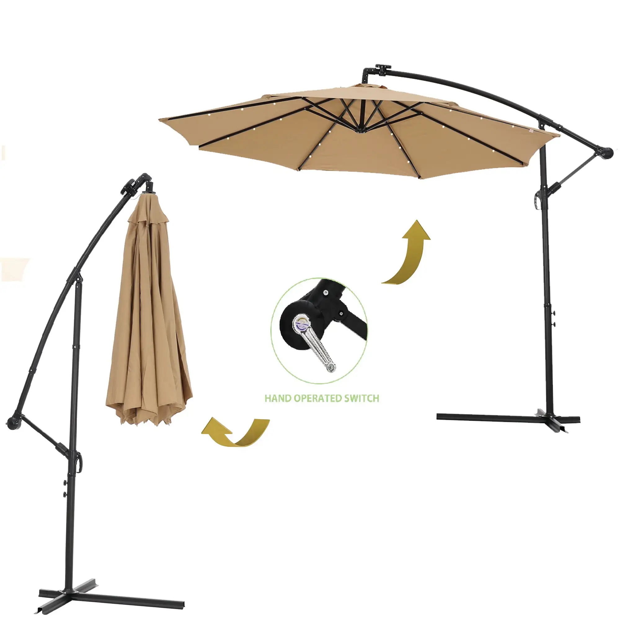 10ft Outdoor Offset Hanging Umbrella. SYNGAR Patio Cantilever Market Umbrella with Solar Panel. Crank. 24 LED Lights and 8 Steel Ribs. UV Resistant Outdoor Umbrella for Yard. Garden. Pool. Taupe. D847