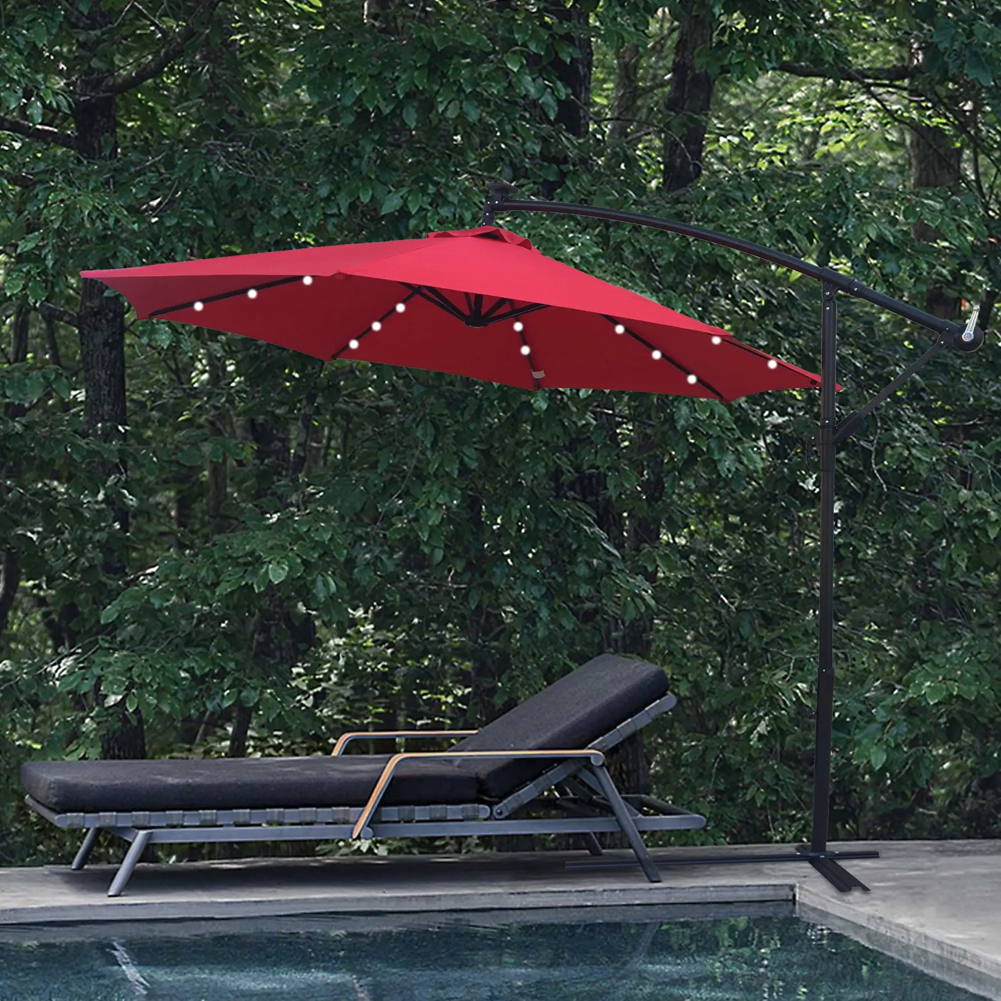 10ft Outdoor Patio Umbrella. LED Solar Power Hanging Umbrella with Solar Panel. 24 LED Bulbs. Crank & Cross Base. UV Protection Patio Offset Hanging Umbrella for Backyard. Garden. Poolside. Red. D088