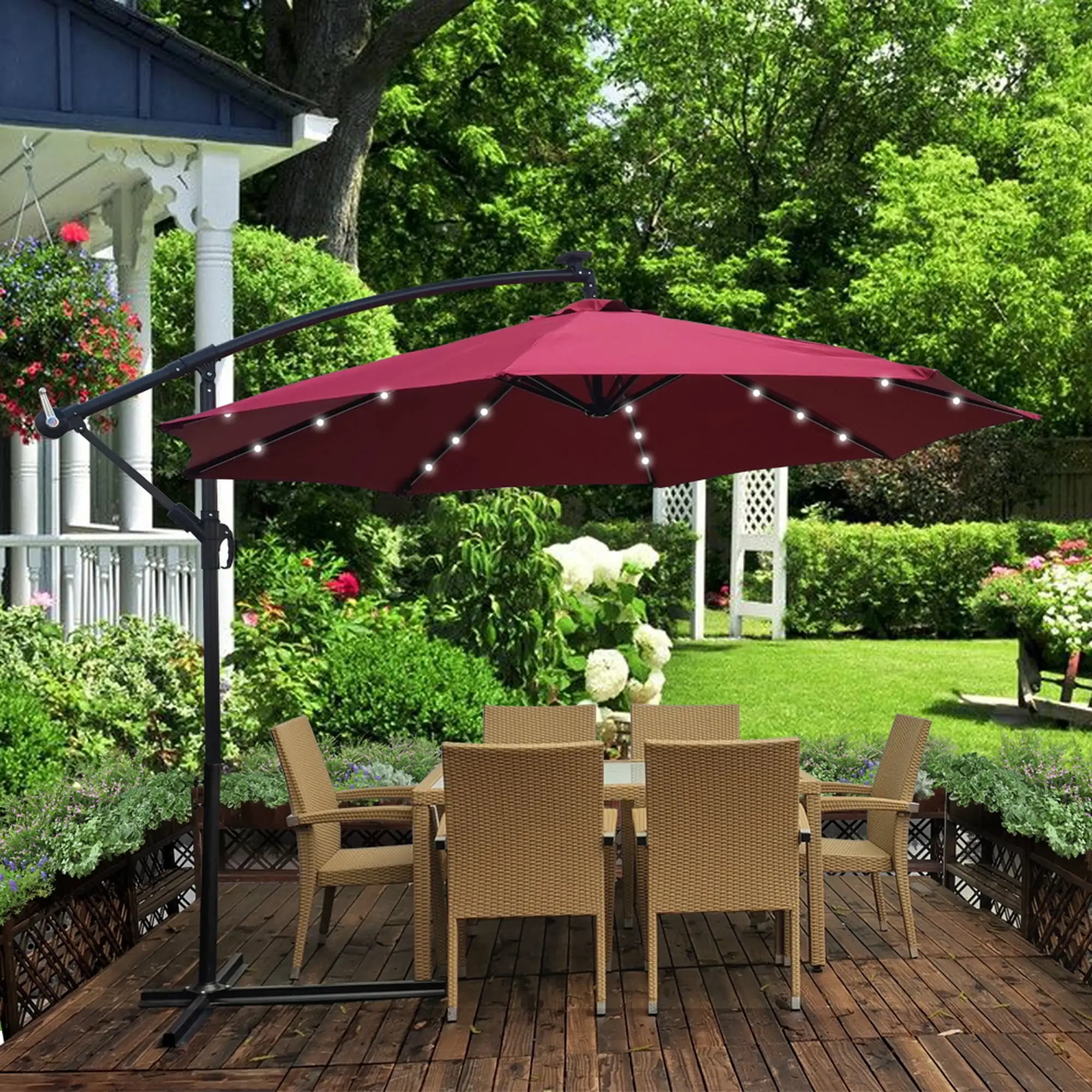 10ft Outdoor Solar LED Patio Umbrella. Offset Hanging Outdoor Umbrella with 24 LED Bulbs. Solar Panel. Crank & Cross Umbrella Base. Perfect for Patio. Yard. Garden. Deck. Poolside. Burgundy. D098