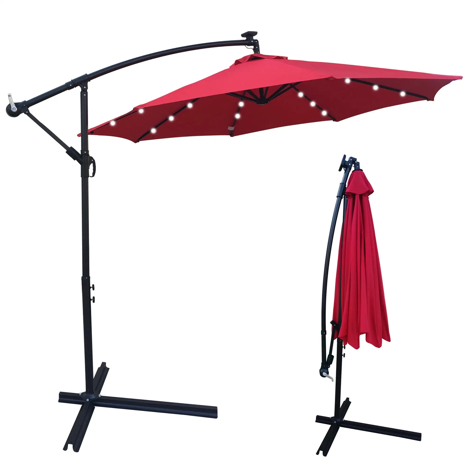 10ft Outdoor Solar LED Patio Umbrella. SYNGAR Offset Hanging Outdoor Umbrella with 24 LED Bulbs. Solar Panel. Crank & Cross Umbrella Base. Perfect for Patio. Yard. Garden. Deck. Poolside. Red. D092