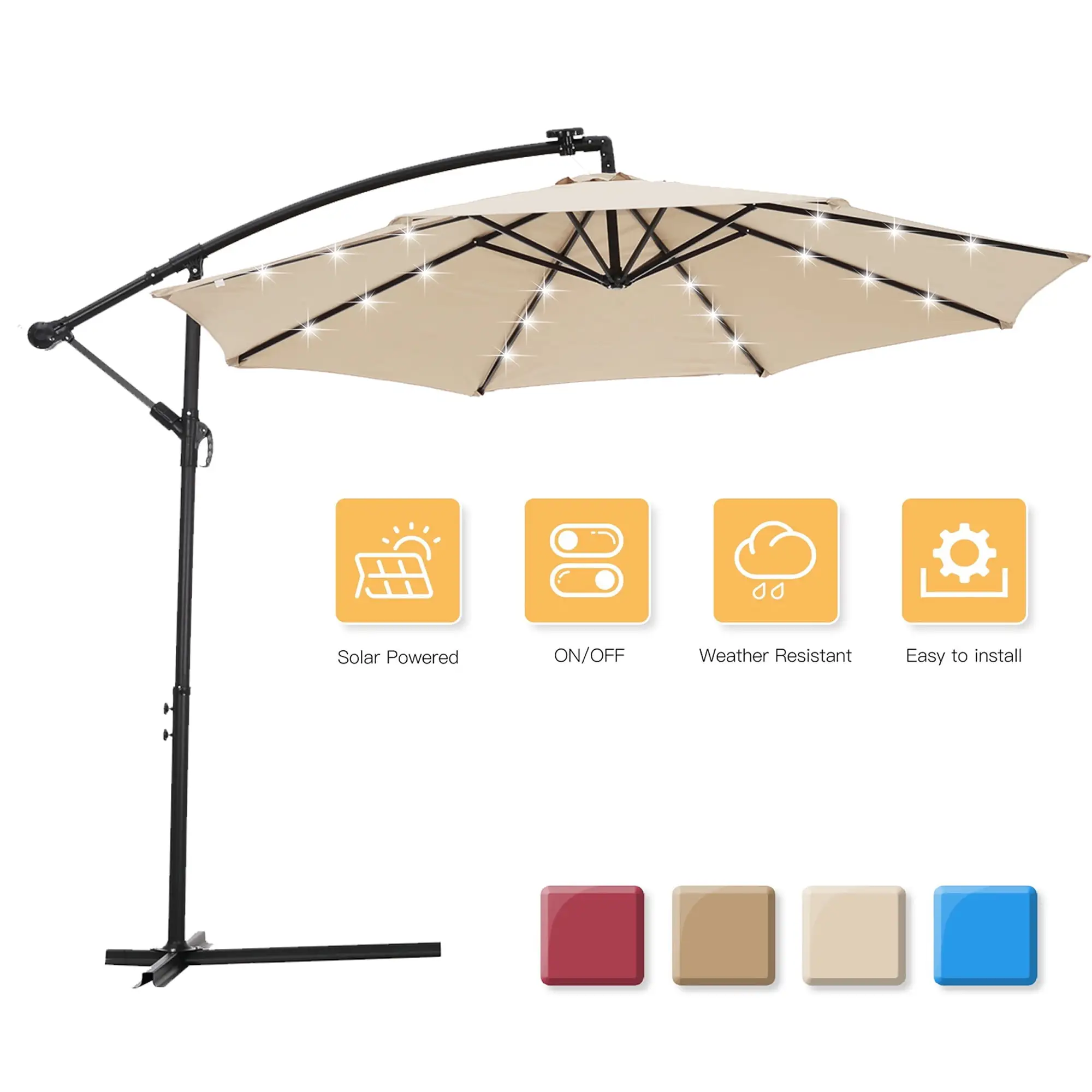 10ft Patio Cantilever Umbrella. Outdoor Offset Hanging Umbrella with 24 LED Lights. 8 Sturdy Ribs. Solar Panel and Hand Crank System. Waterproof Market Umbrella for Balcony. Patio. Poolside. Tan. D818