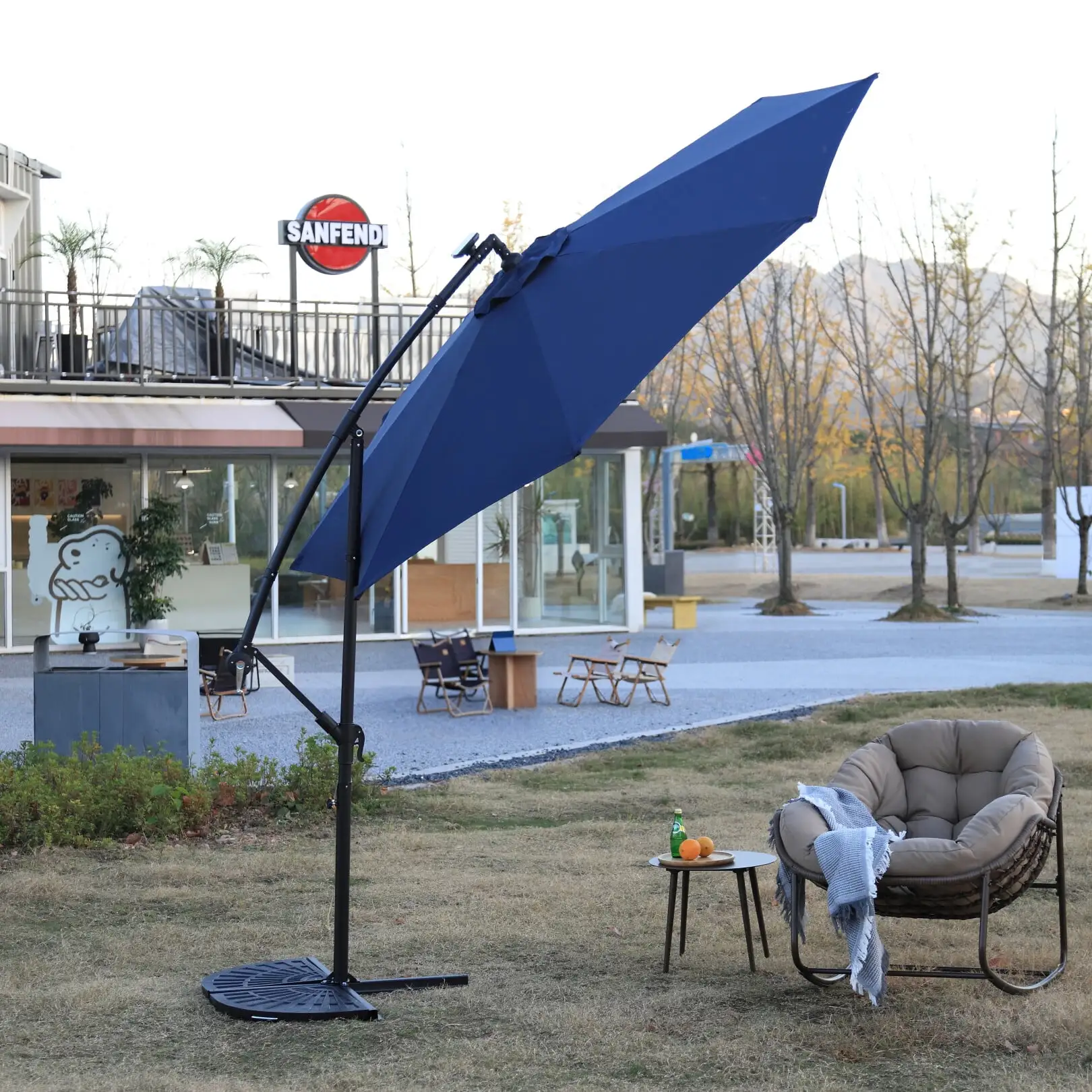 10ft Solar LED Offset Patio Umbrella with Cross Base. Hanging Cantilever Umbrella with Crank. Market Patio Umbrella for Backyard. Poolside. Lawn and Garden