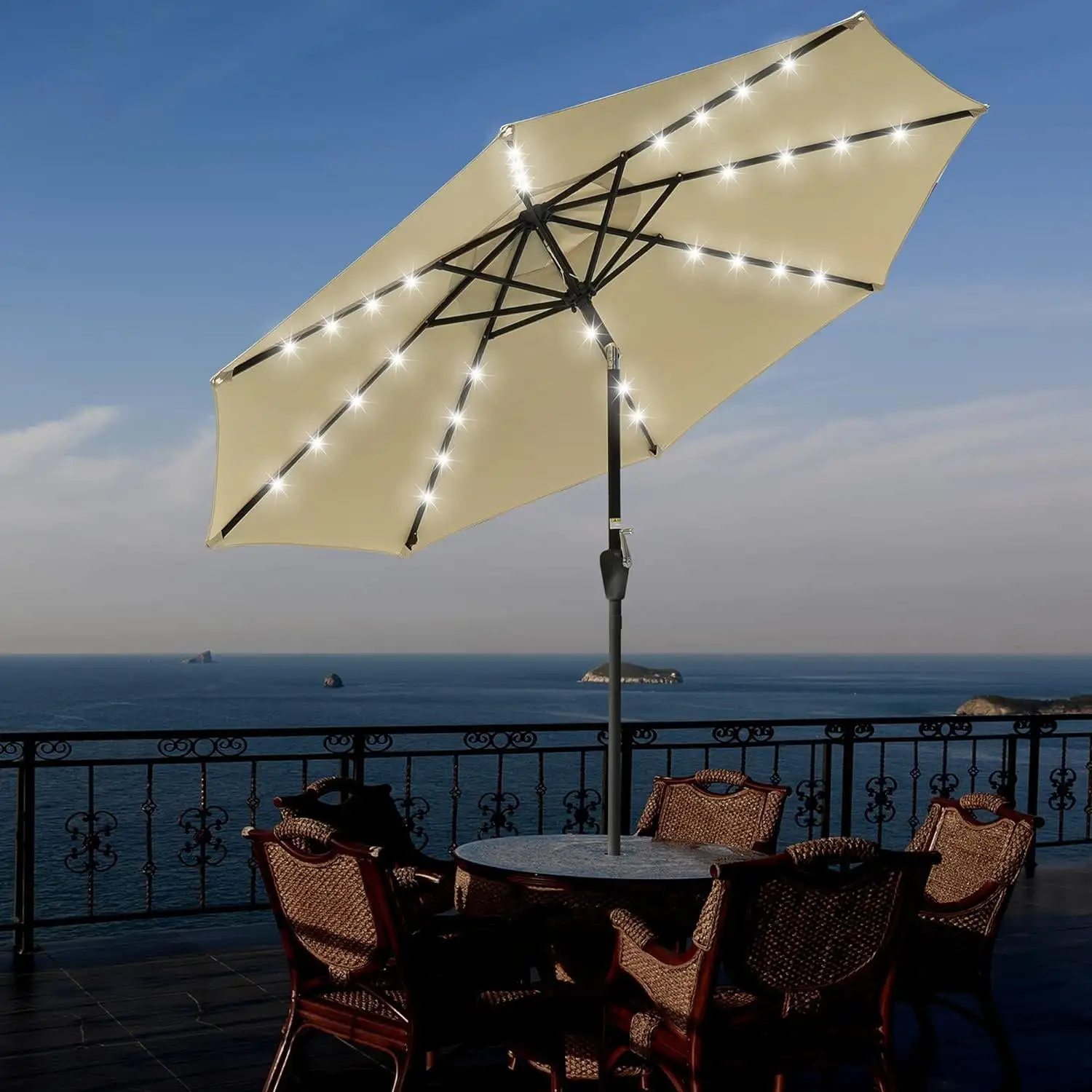 10ft Solar LED Outdoor Market Tilt Patio Umbrella. Beige