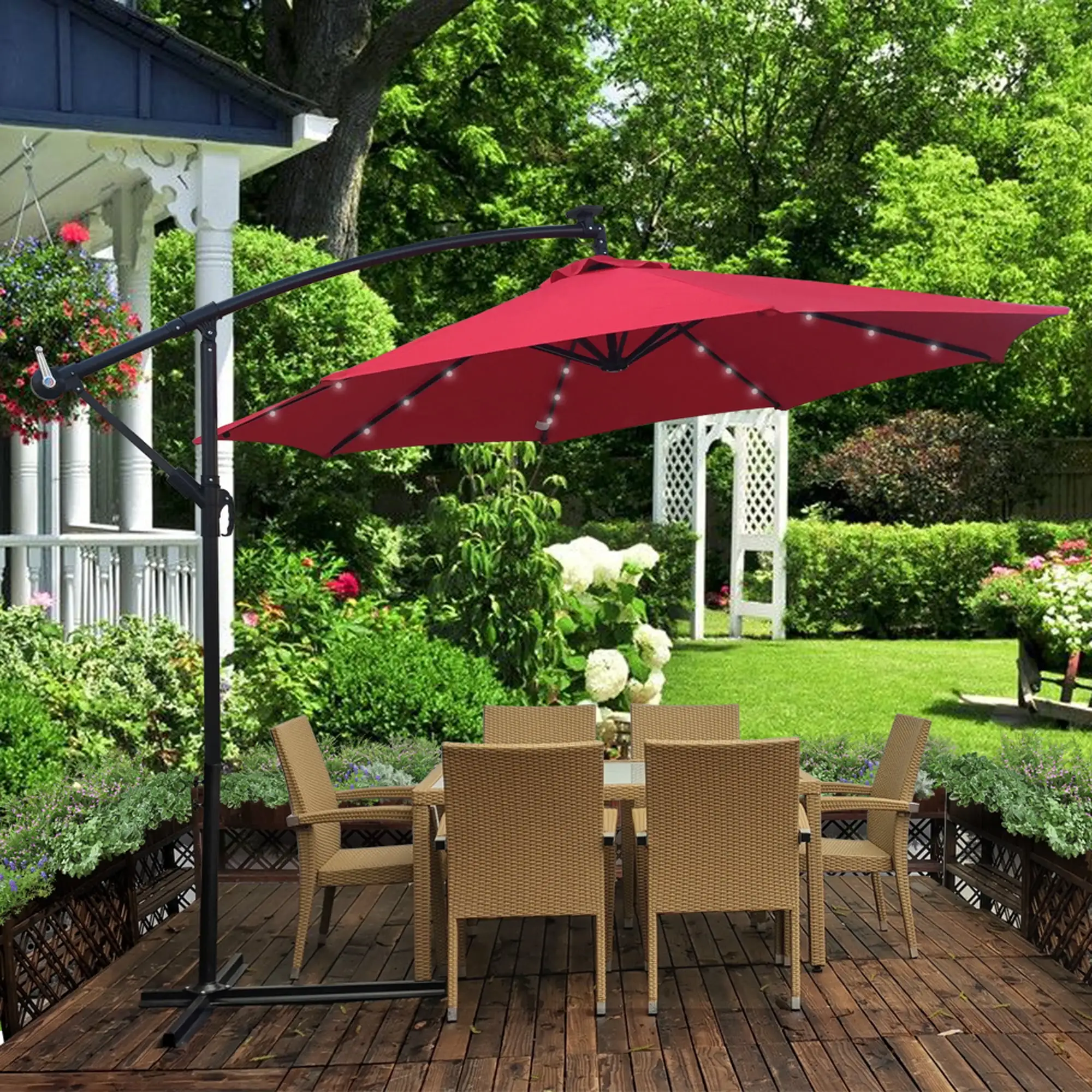 10ft Solar Outdoor Umbrella. LED Lighted Patio Umbrella with Solar Panel. 24 LED Bulbs & Crank Rotate System. Solar Powered Hanging Umbrella for Patio. Garden. Backyard. Deck. Poolside. Red. D085