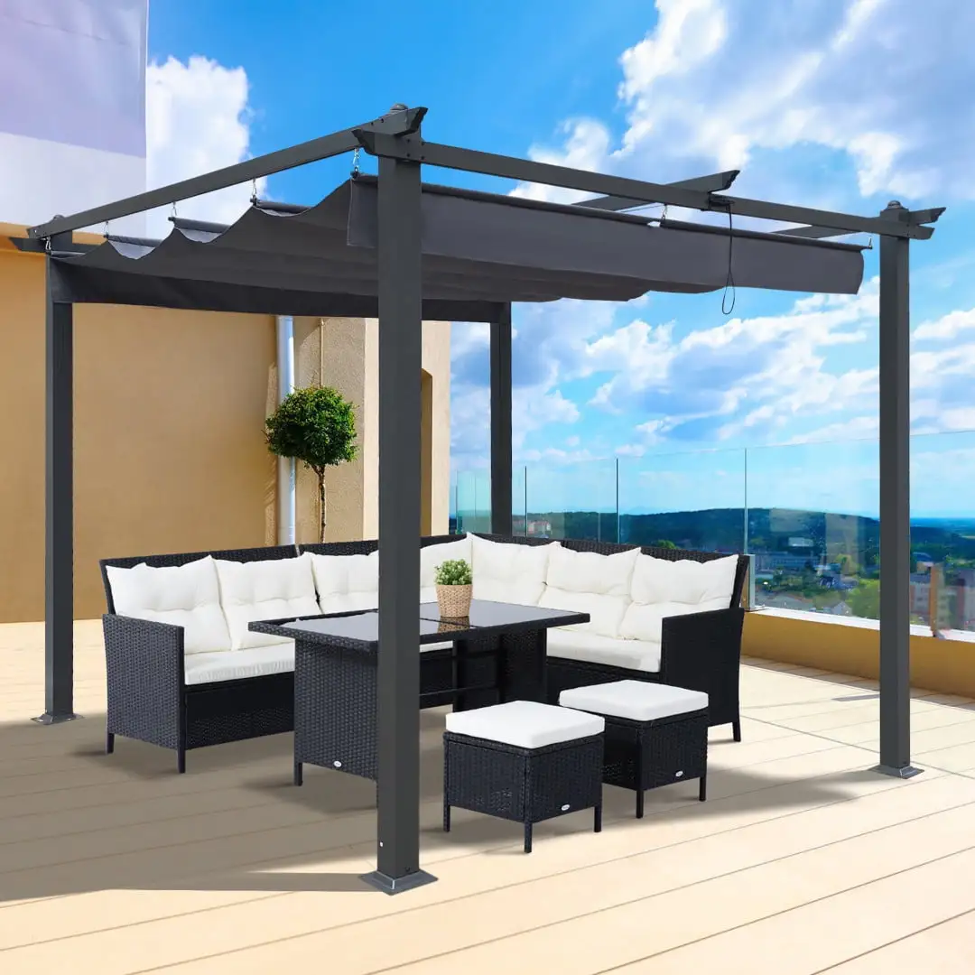 10x10 Ft Outdoor Retractable Pergola. Patio Sunshelter with Canopy. Outdoor Steel Pergola Gazebo with Retractable Canopy Shades. Patio Furniture Set for Garden Porch Backyard. Gray