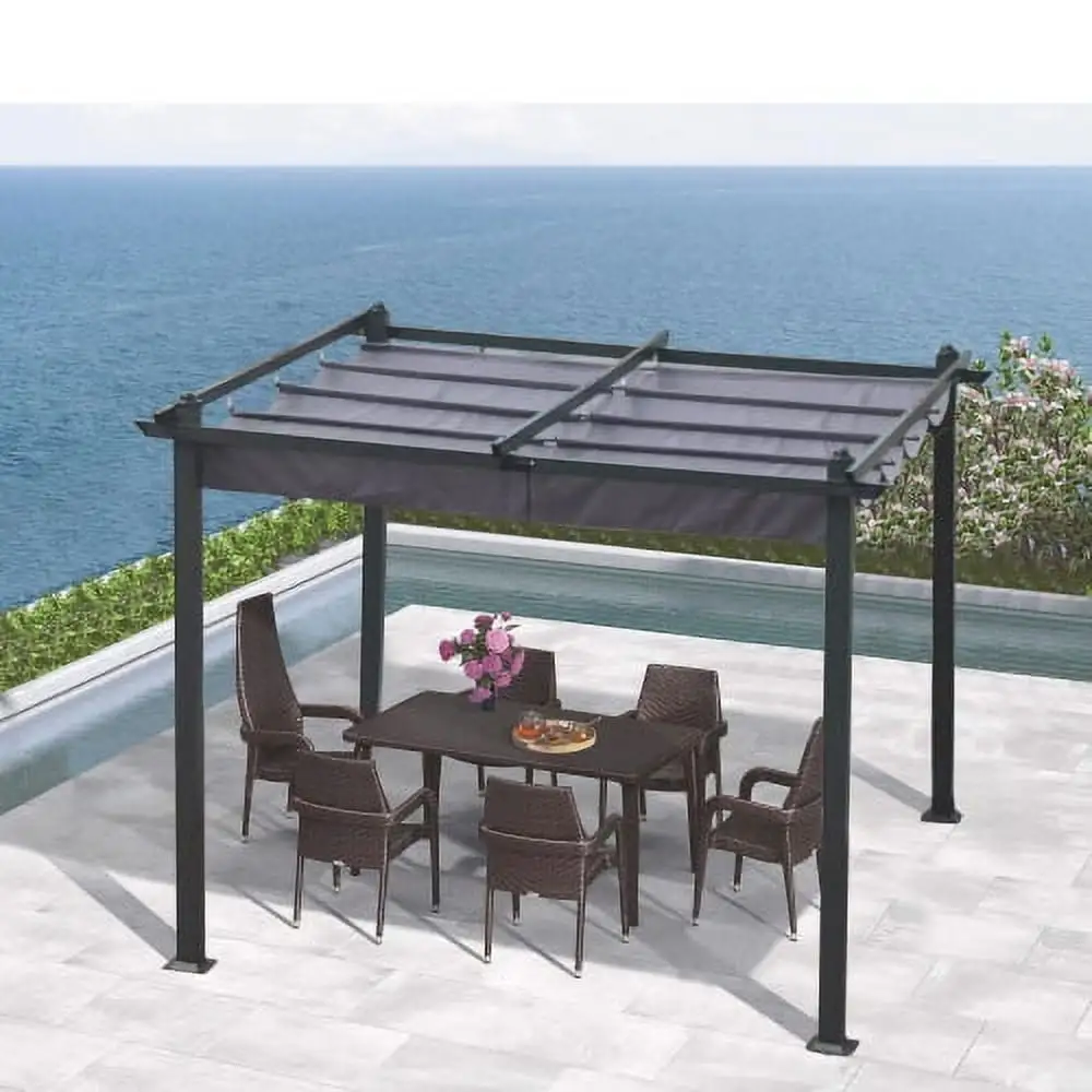 10x10 Ft Outdoor Retractable Pergola with Shade Canopy.Patio Gazebo with Adjustable Sliding Sun Shade Canopy. Heavy-Duty Steel Frame.Patio Furniture Set for Garden Porch Backyard