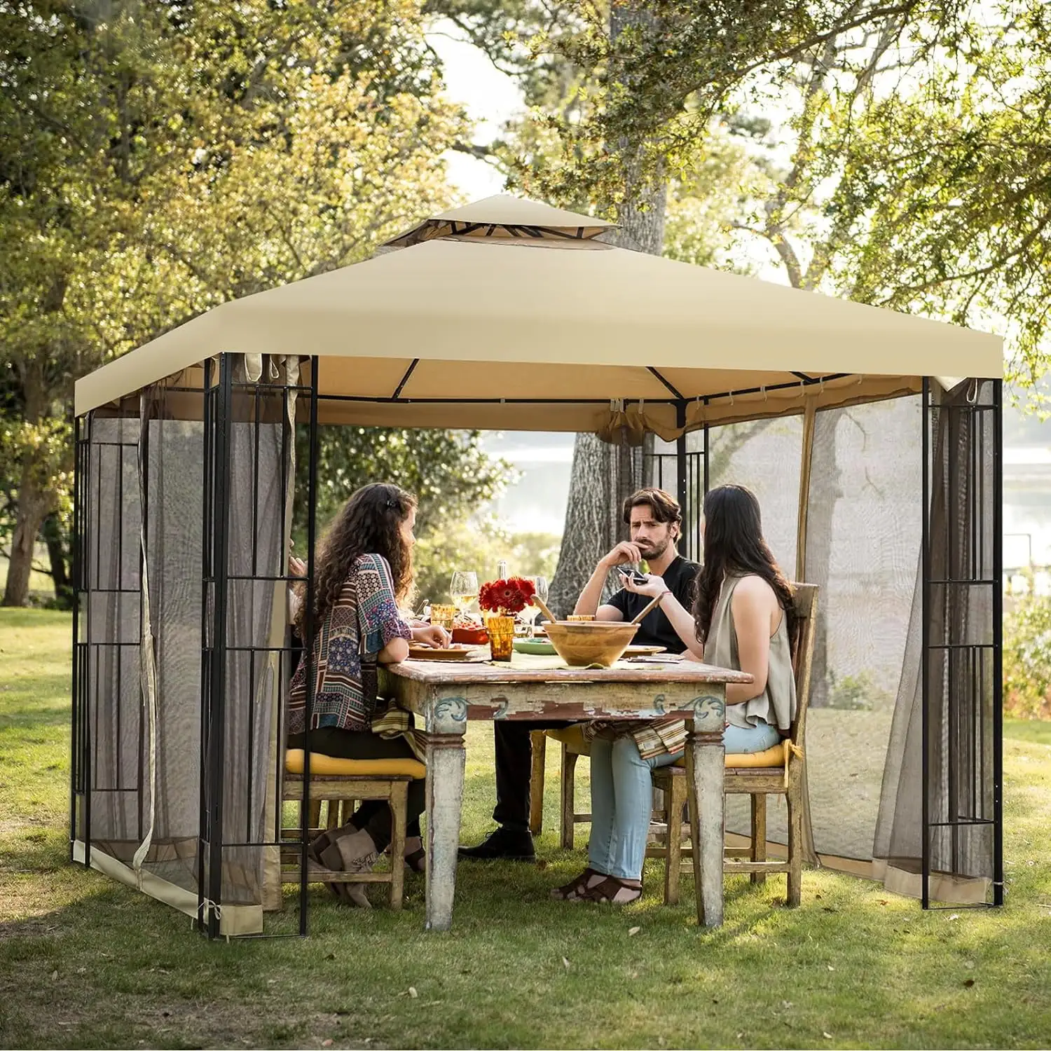 10x10 Ft Patio Gazebo with Mesh Netting Outdoor Canopy for Backyard. Garden. Pool-Side. Beige