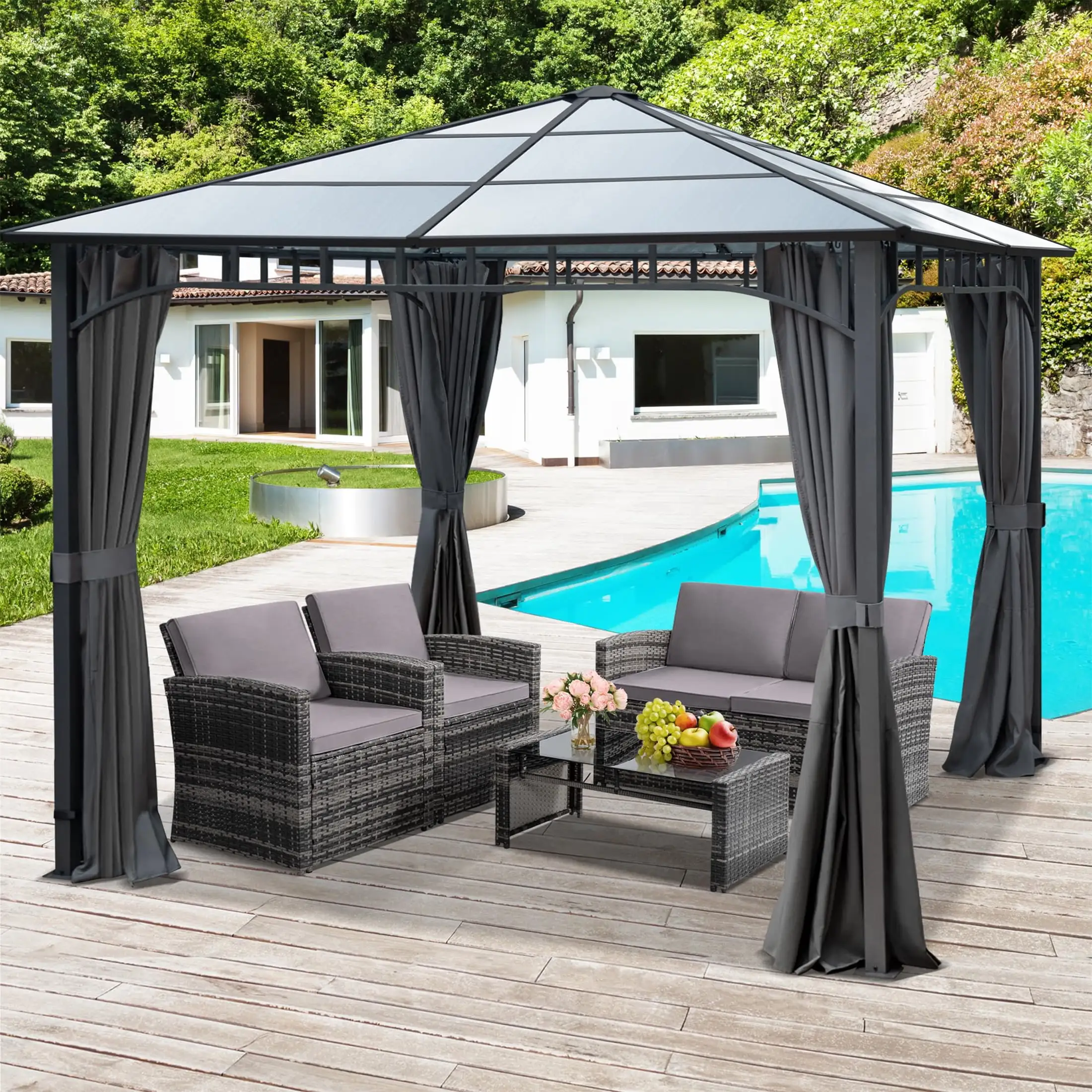 10x10 Hard Top Polycarbonate Patio Gazebo. UV Protection Canopy. Extra Shade. Heavy Duty Steel Frame with Aluminum Roof. 4 Sided Curtains with Zippers. Garden. Backyard. Grey