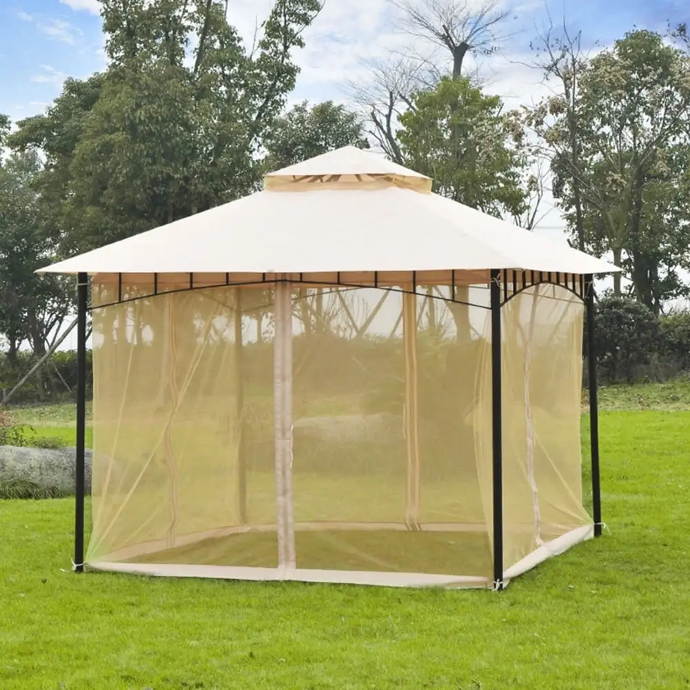 10x10 ft. Gazebo Outdoor Portable Steel Frame 2-Tier Top Canopy/Tent with Netting and Carry Bag. Beige