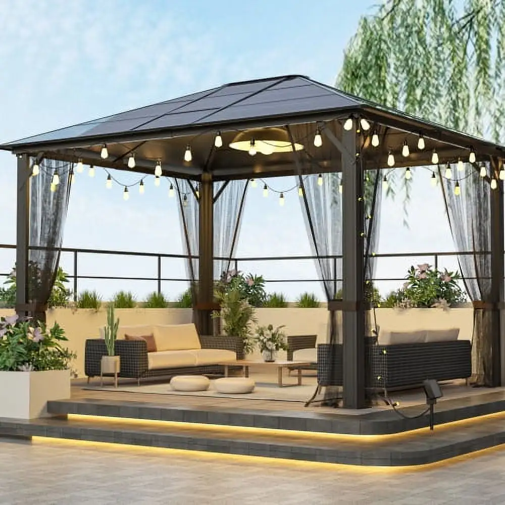 10x12 Hardtop Metal Gazebo.Heavy Duty Pergola with Mosquito Nets.Galvanized Steel.Sturdy Outdoor Canopies Tent.Suitable for Gardens.Patio.Backyard