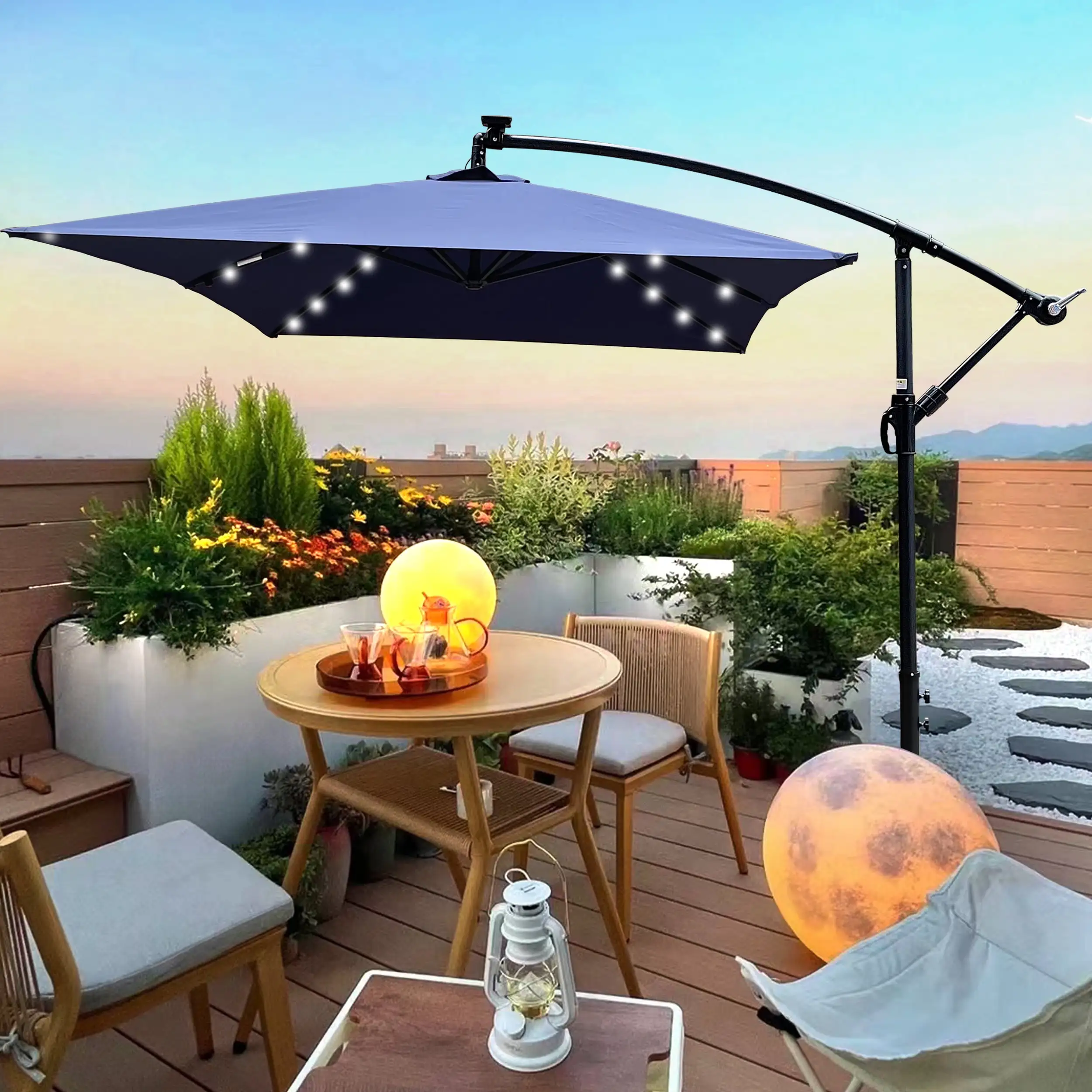 10x6.5ft Solar LED Offset Hanging Patio Umbrella. Rectangle Market Umbrellas with Crank and Cross Base. Outdoor UV Protection Sun Shade for Garden Lawn Backyard Poolside(Navy Blue)