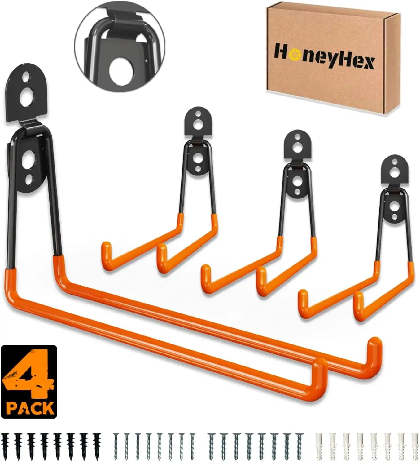 11 Inches Wall Hooks for Garage Organization. 4 Pack of Garage Storage Hooks for Hanging Heavy Duty Bikes. Garden Tools. Ropes and Ladders(Orange)