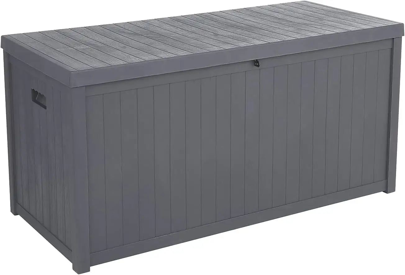 113 Gallon Resin Deck Box. Waterproof Outdoor Storage Box with Lockable Lid and Handles. Large Deck Storage for Outdoor Gear. Patio Furniture Cushion. Gardening Tools